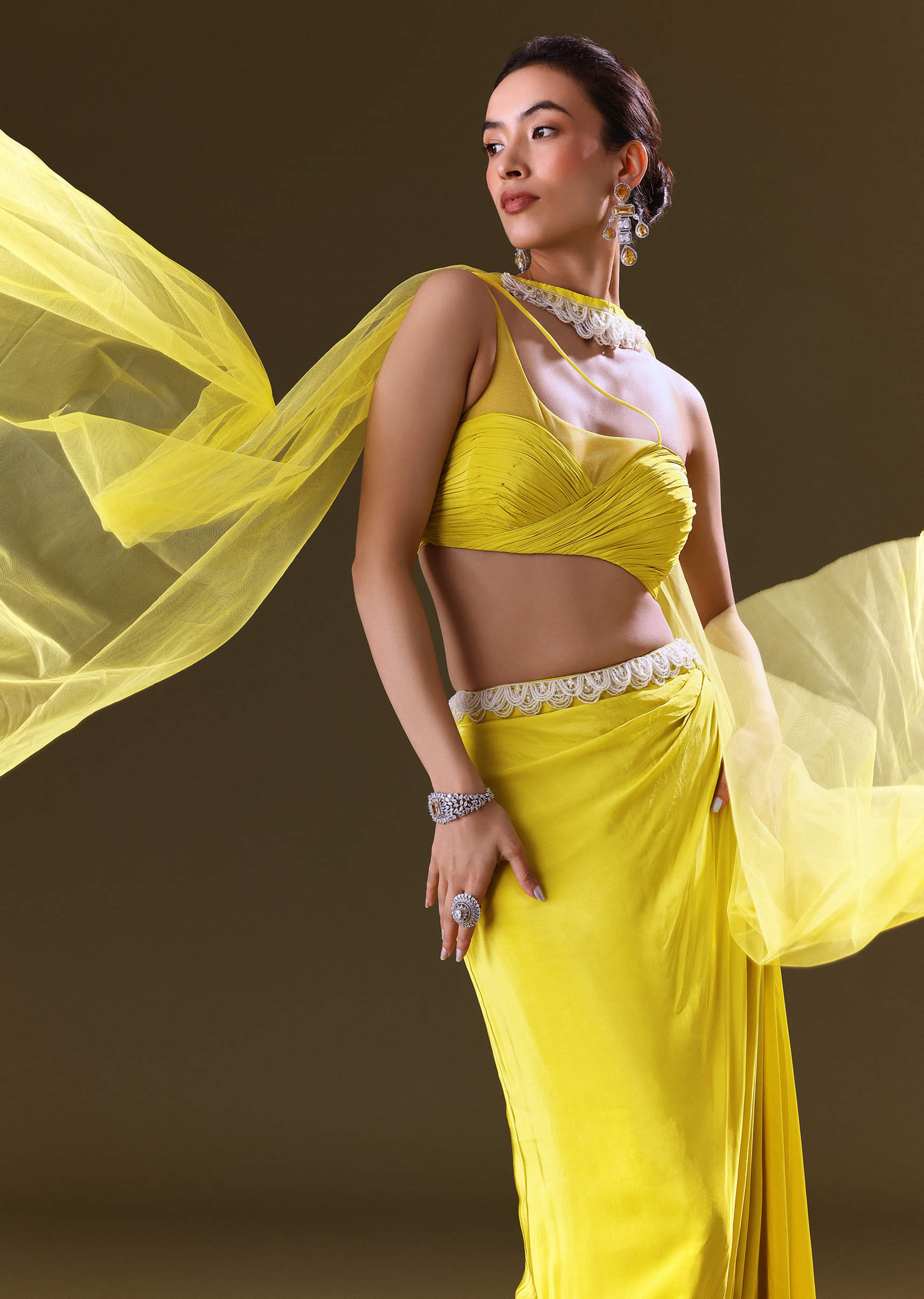Buy Lime Yellow Fishcut Skirt With One Shoulder Blouse And