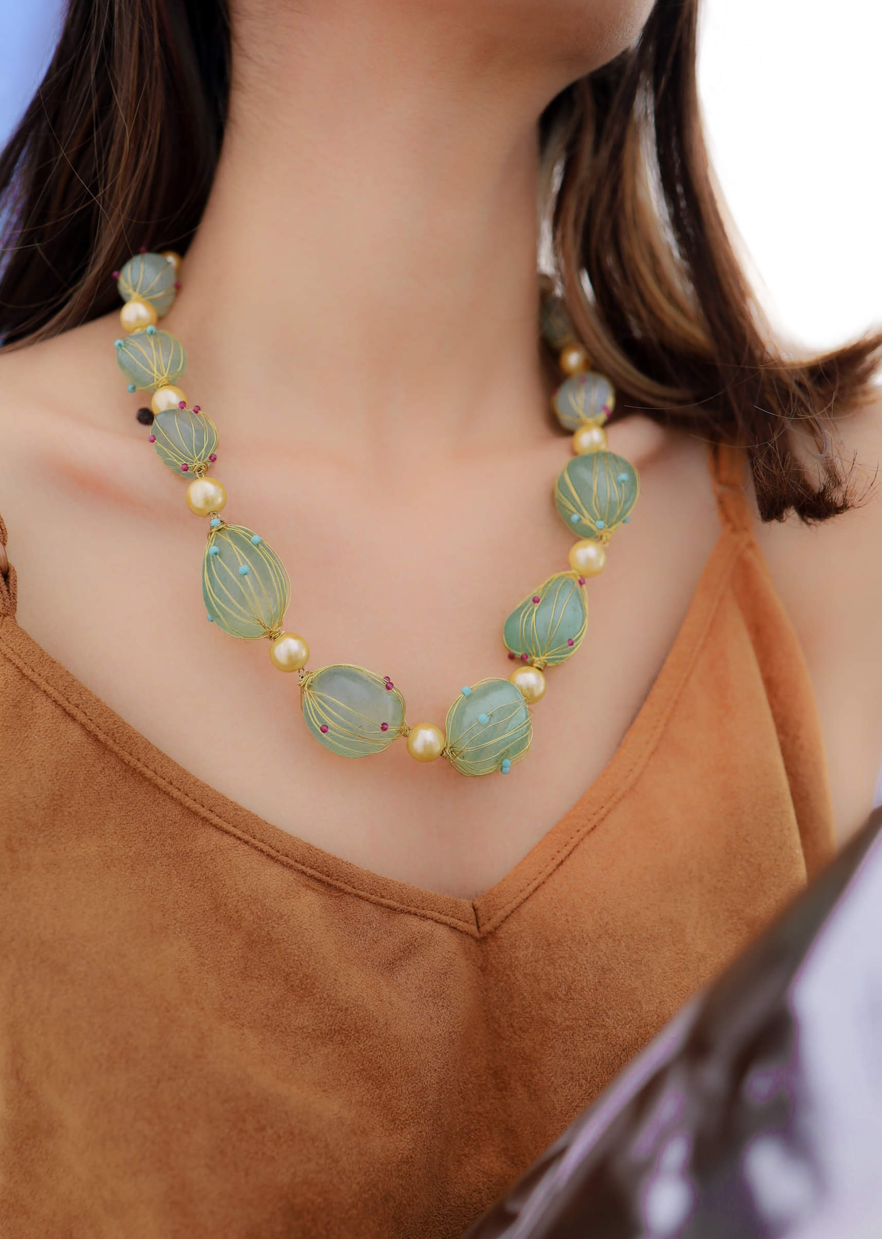 【TATIANA】Apink銀紙着用★Green Mix Coin Beads Necklace Chunky Green Necklace for Her / Green Statement Necklace