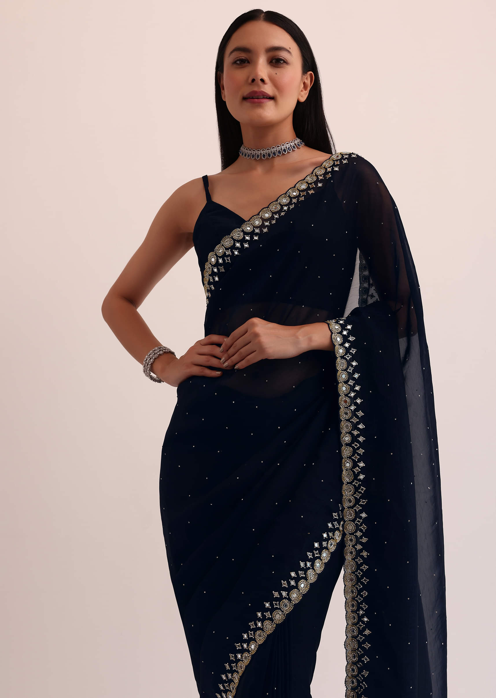 Buy Navy Blue Chinon Saree With Mirror Embroidery And