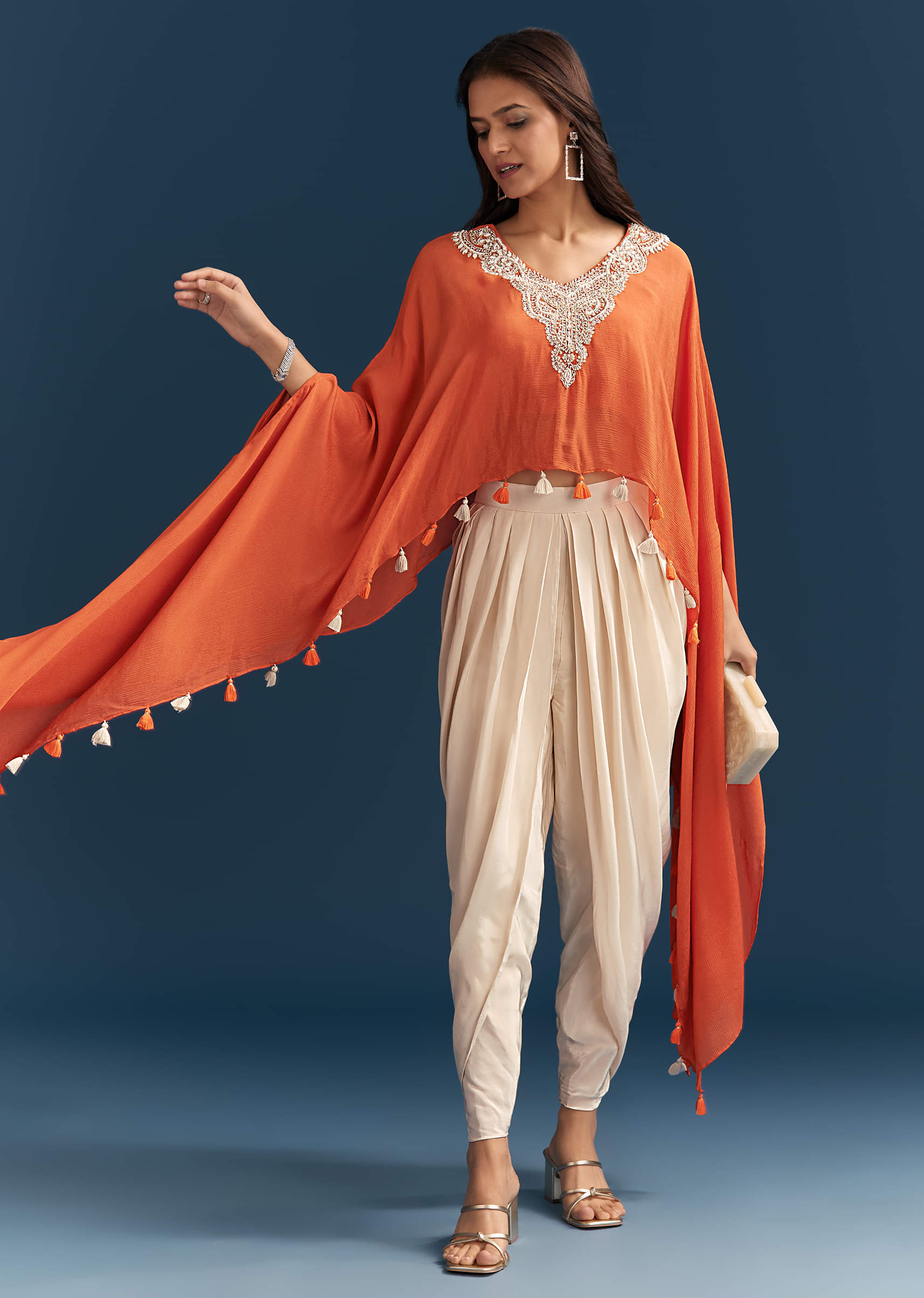 Buy Orange Cape Crop Top Dhoti Set With Moti And Cut Dana