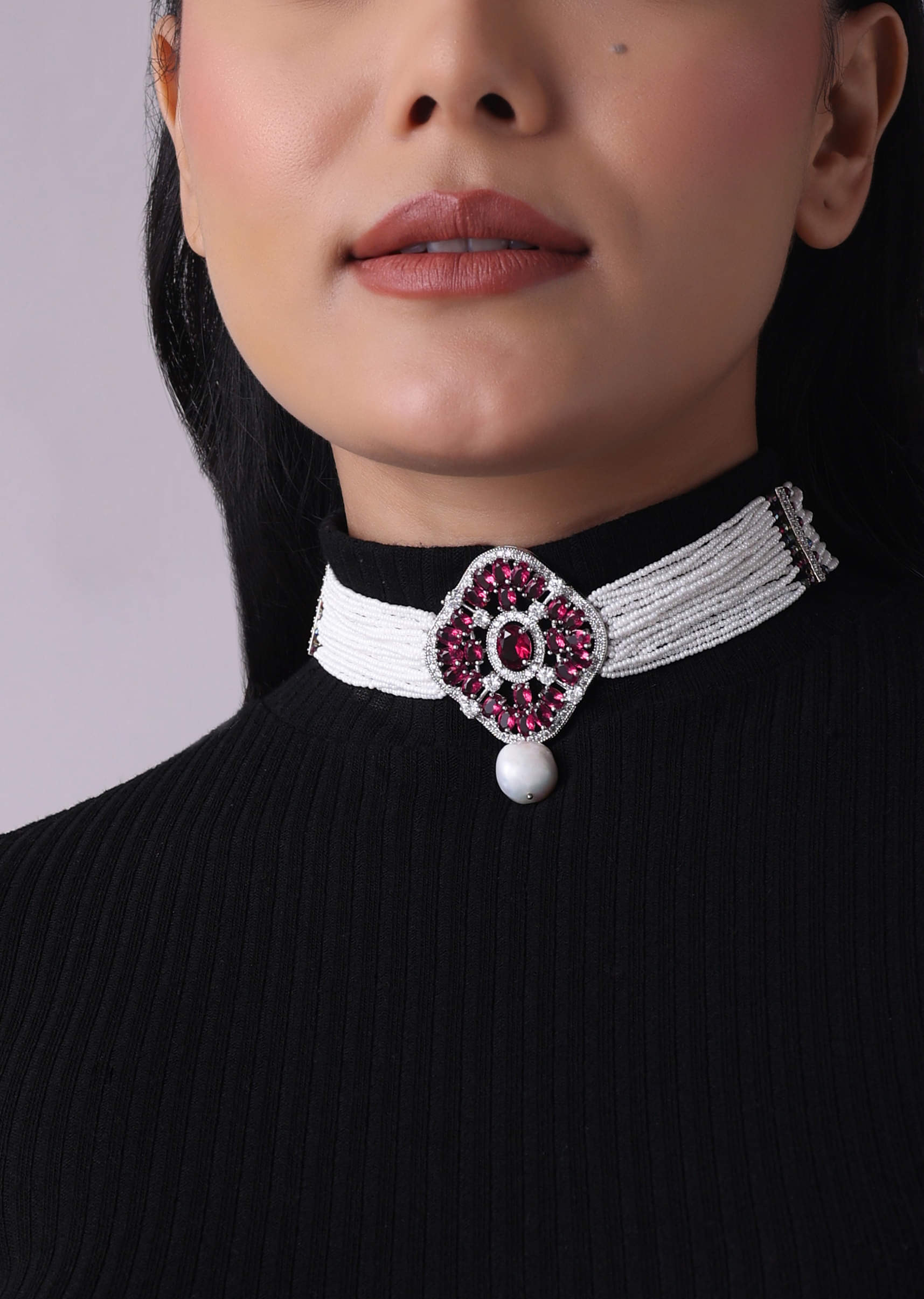 JEWEL TONE ジョエルトーン Buy Pearl Choker With Ruby Stones In The Centerpiece