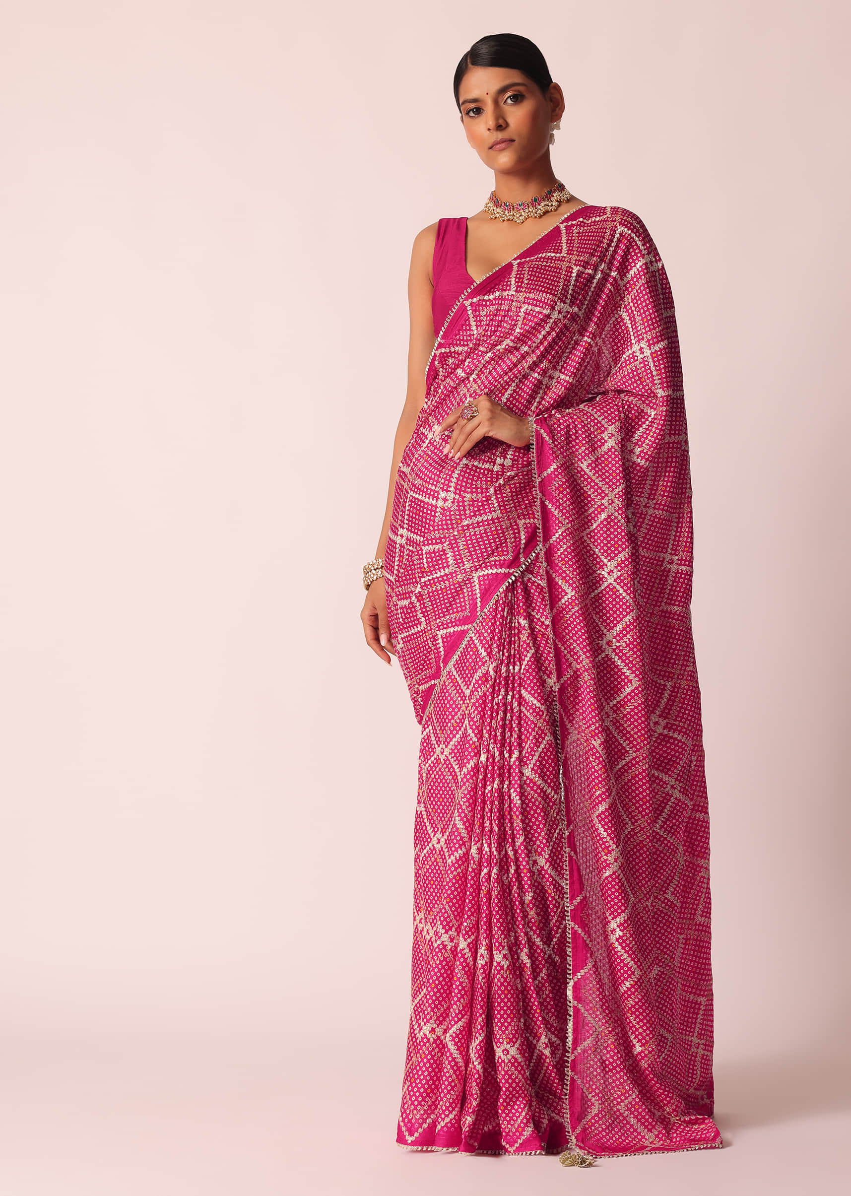 Buy Pink Bandhani Saree With Gota Detail And Unstitched