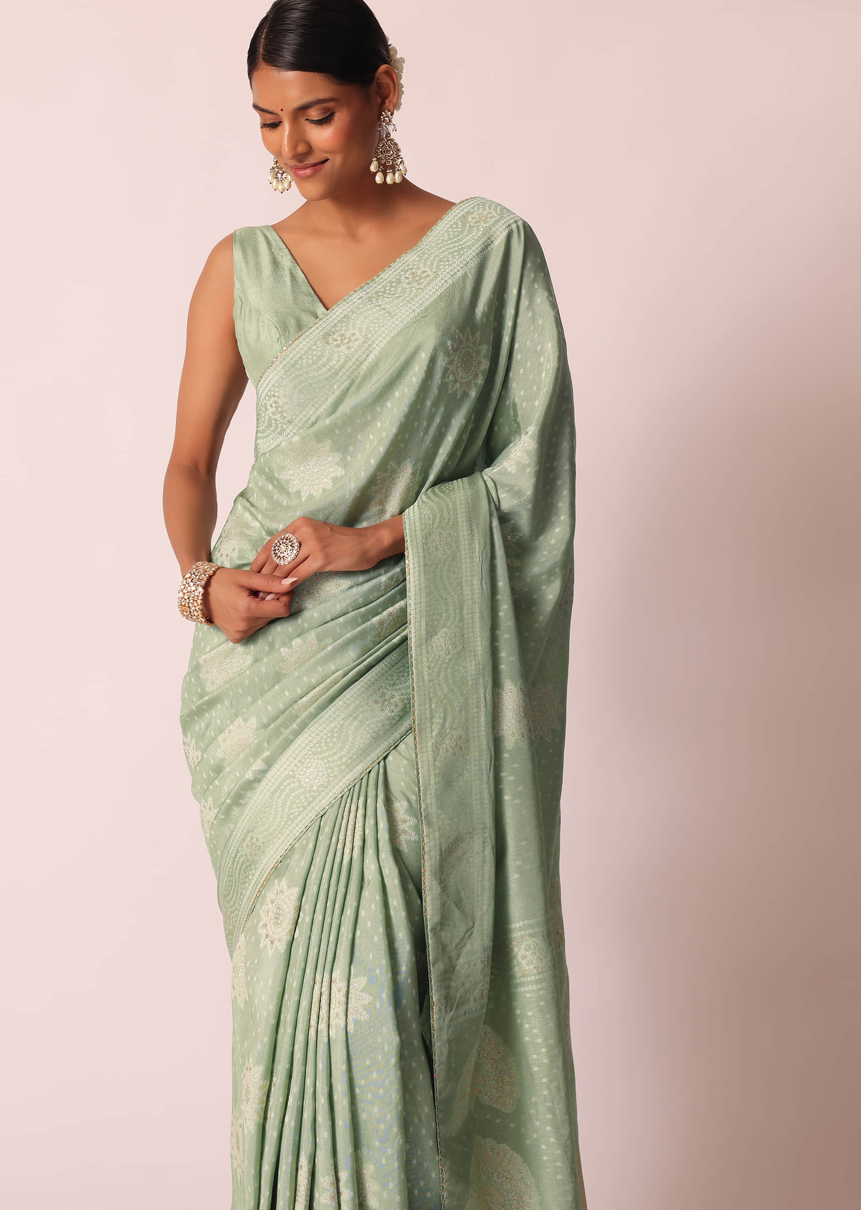 sari Buy Pista Green Bandhani Saree With Zari Detail And