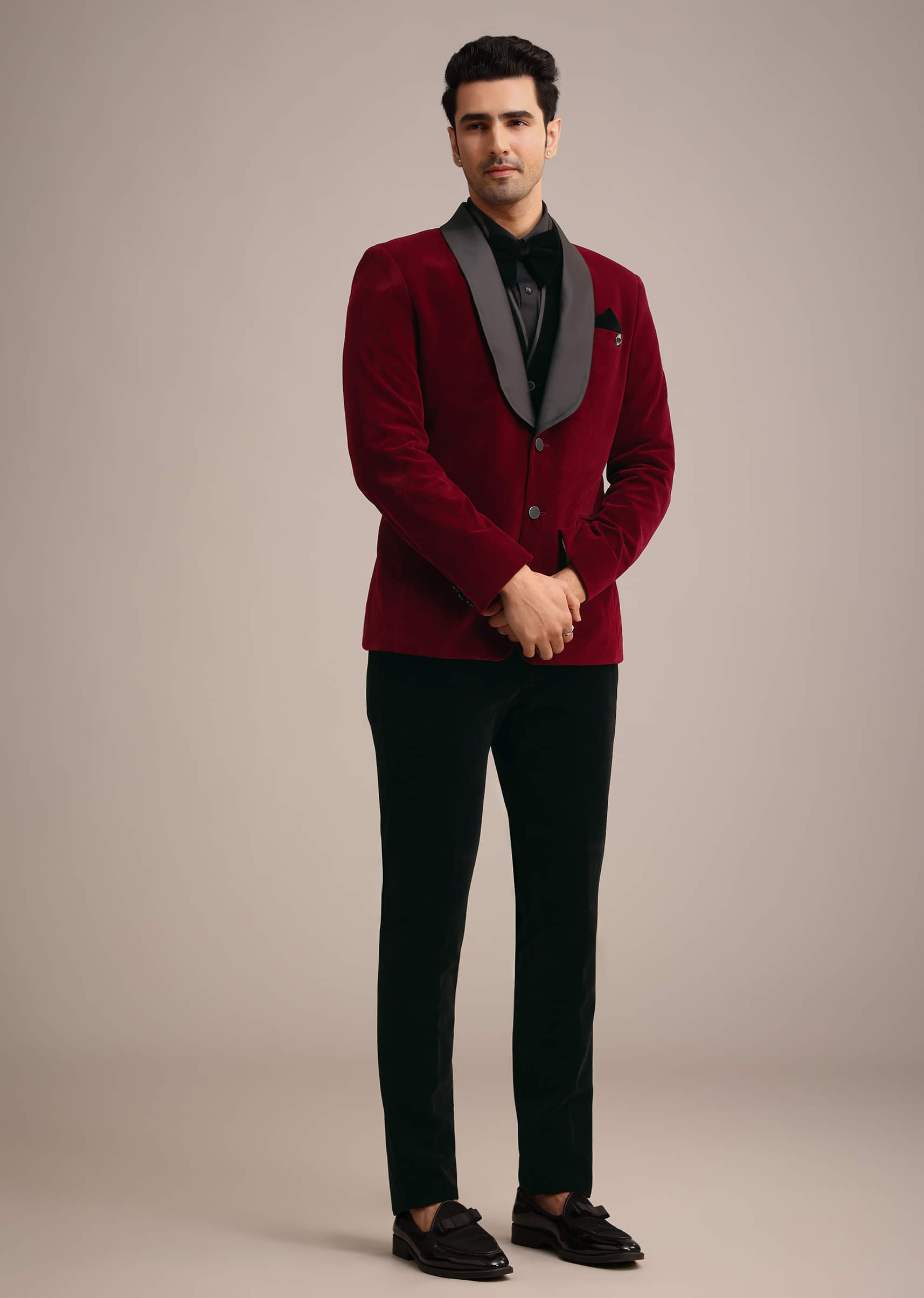 Buy Red Tuxedo Set In Micro Velvet KALKI Fashion Global