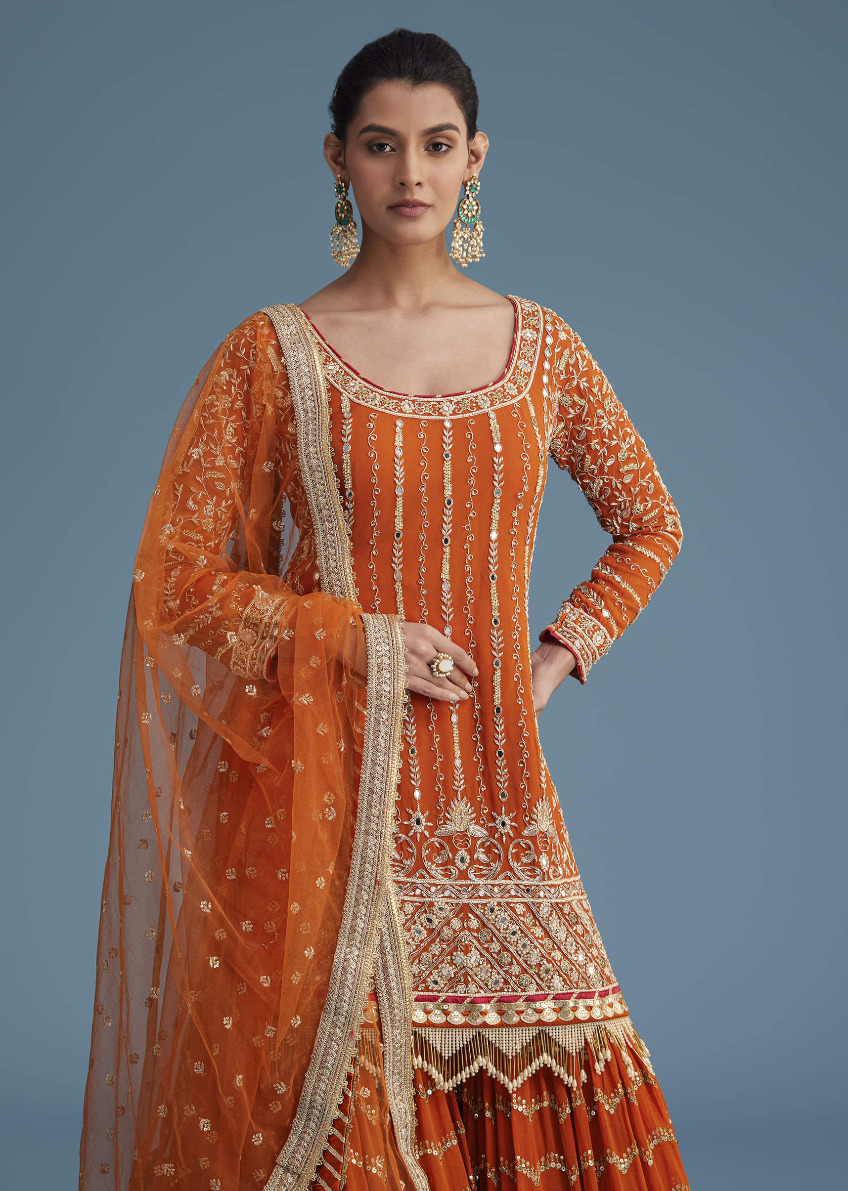Buy Rust Orange Georgette Sharara Set With Mirror Sequins