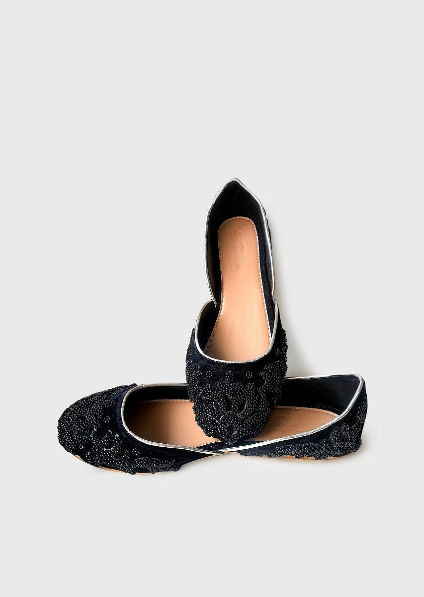 Buy Black Ballet Flats In Velvet With Double Beaded Work In Ethnic Motif Online By Sole House