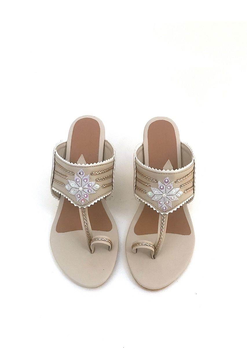 Buy Cream Kolhapuri Heels With Zari Embroidered Motif And Block Heel By Sole House KALKI Fashion Global