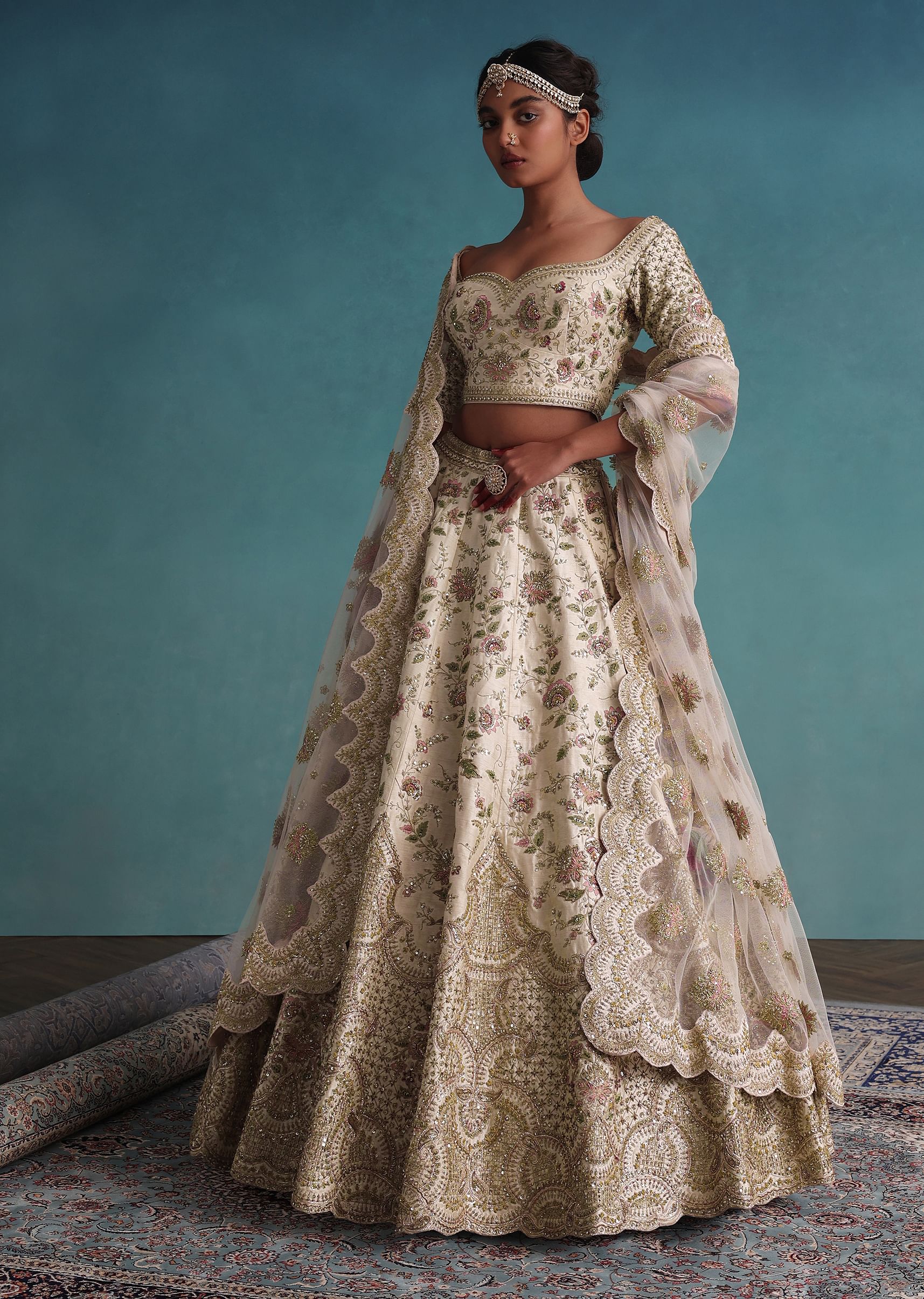 Buy Daisy White Embroidered 12 Kali Bridal Lehenga In Raw Silk With Floral Hand Embroidery KALKI Fashion India