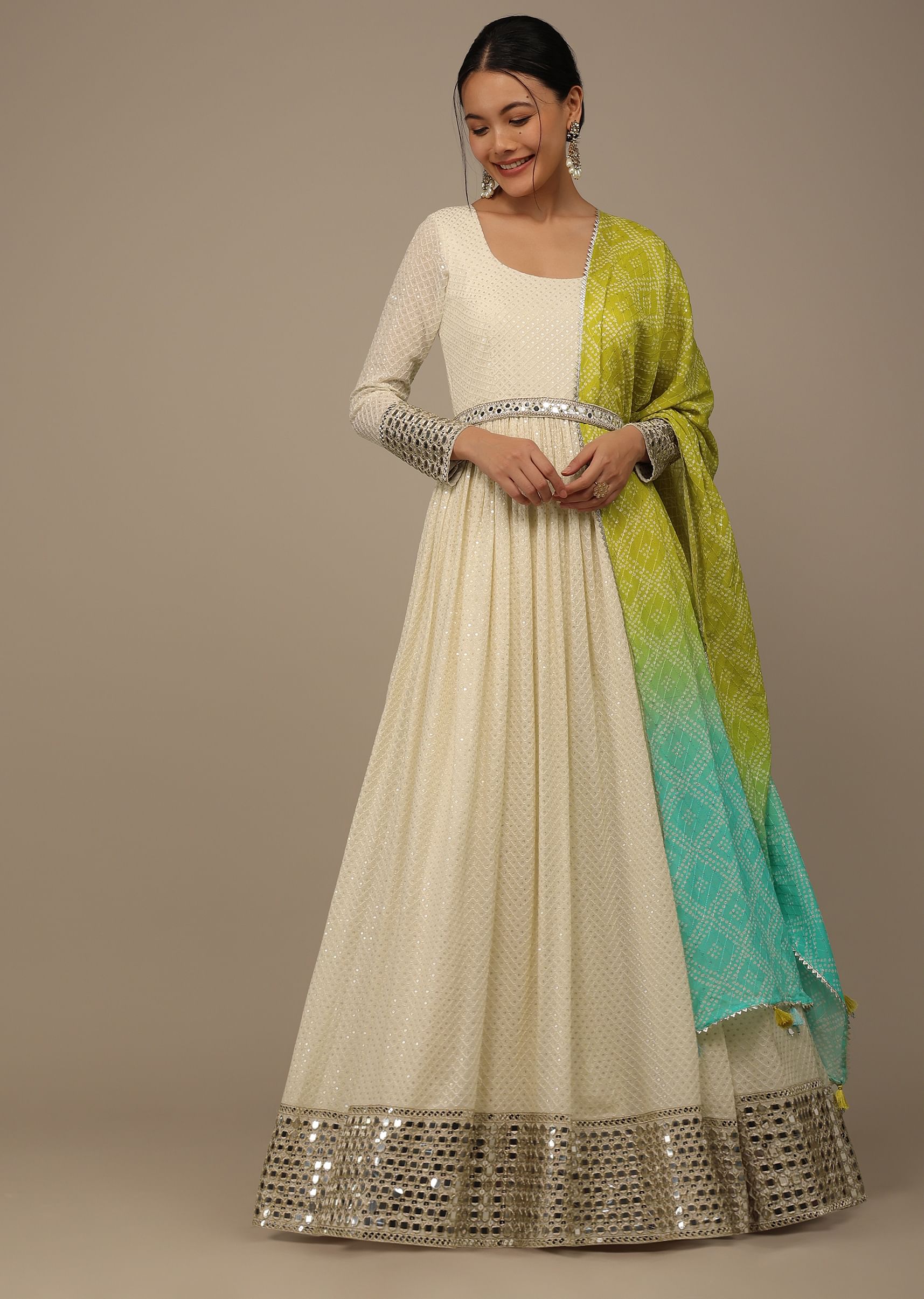 Buy Daisy White Embroidered Anarkali Suit In Georgette With Yellow Green Ombre Bandhani Dupatta KALKI Fashion Global