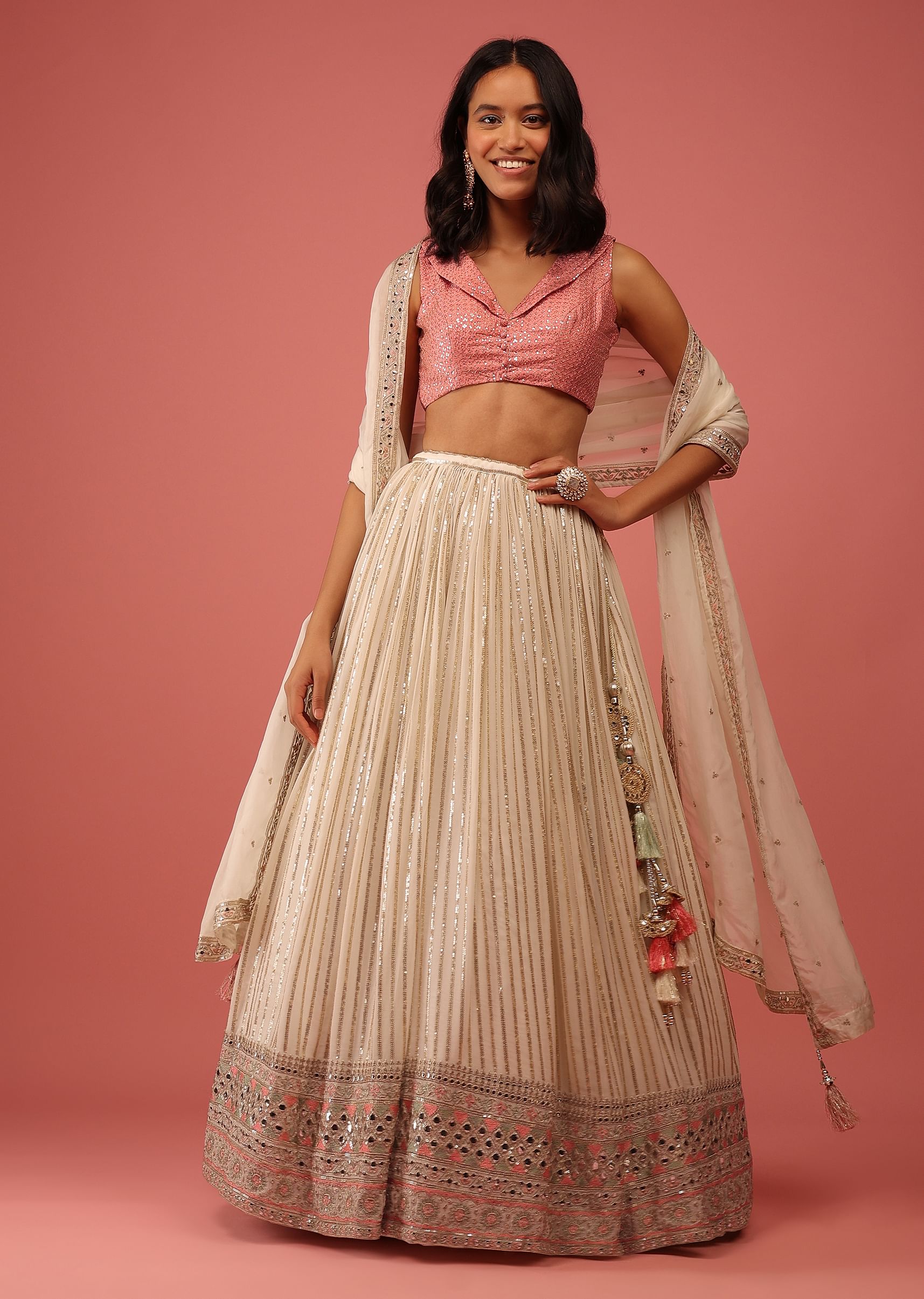 Buy Daisy White Lehenga In Georgette With Sequin Stripes And Multicolor Resham And Mirror Embroidered Border Design. KALKI Fashion India