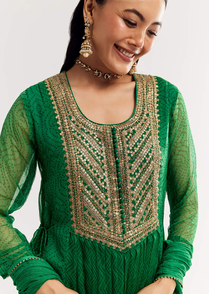 Dark Green Printed Chiffon Sequin Kurta Set With Dupatta