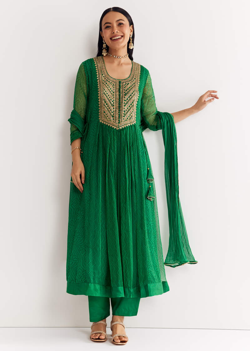 Dark Green Printed Chiffon Sequin Kurta Set With Dupatta
