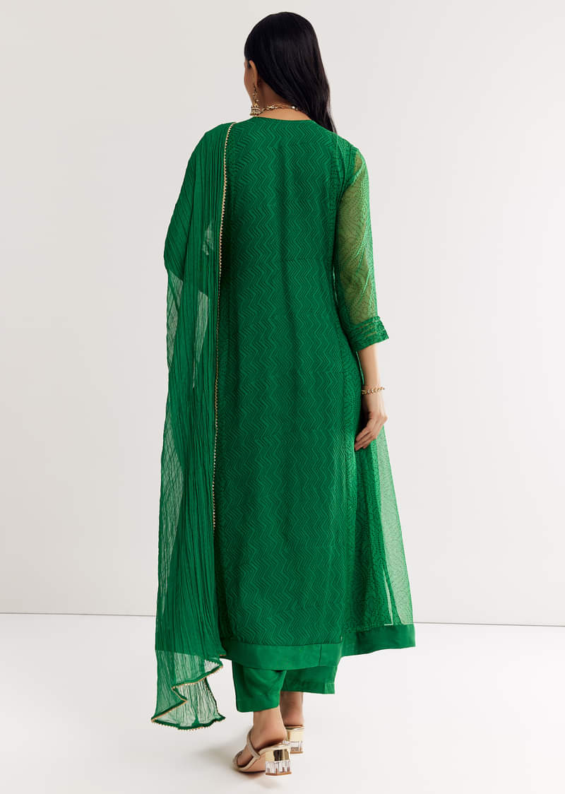 Dark Green Printed Chiffon Sequin Kurta Set With Dupatta