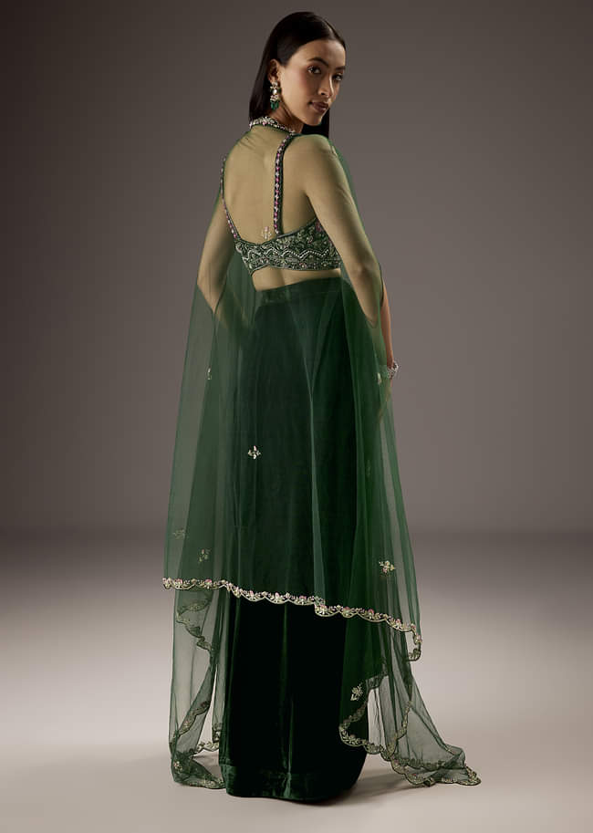 Dark Green Velvet Crop Top Skirt With Heavy Embroidery