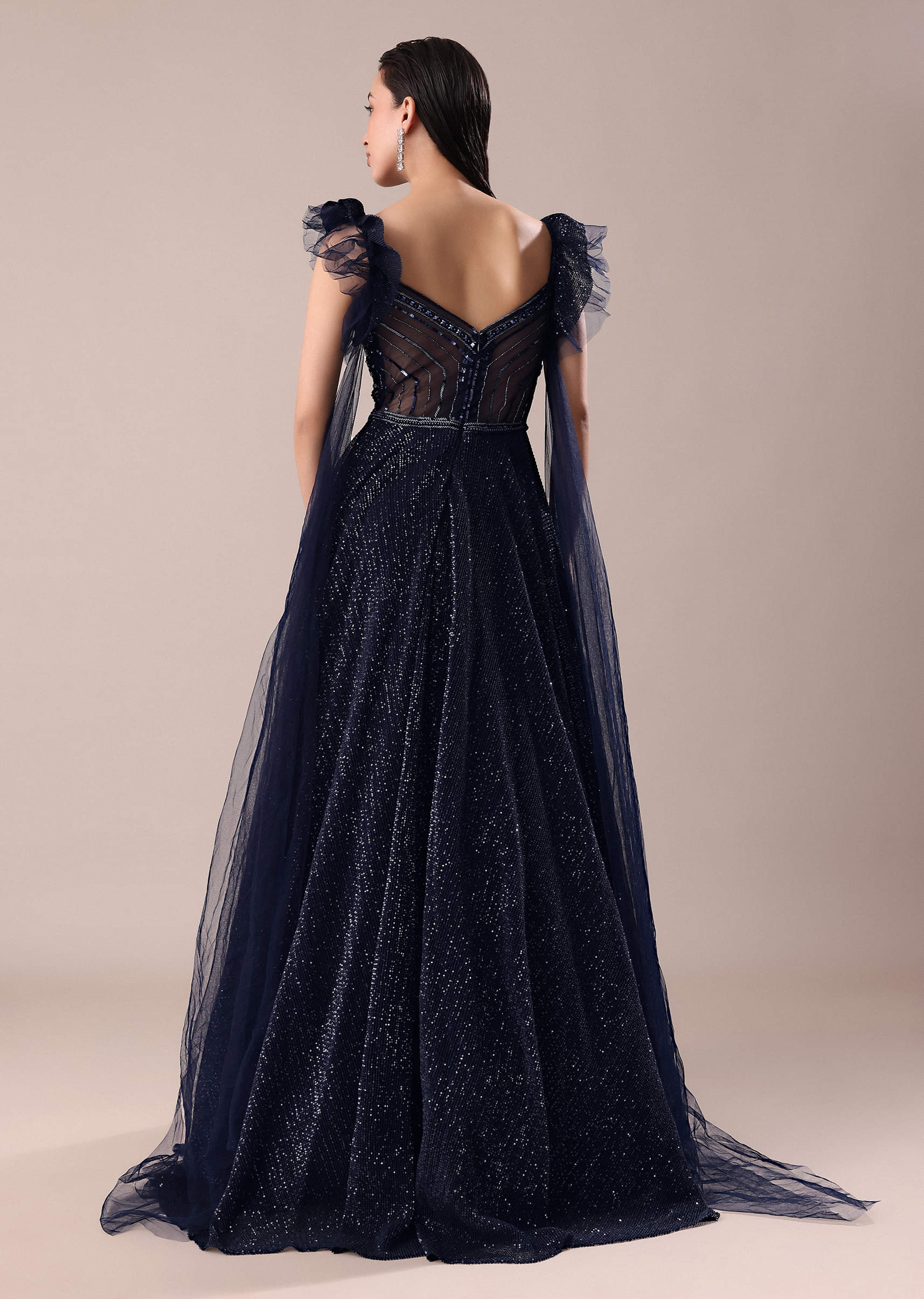 Buy Dark Blue Embroidered Gown With Wings KALKI Fashion Global