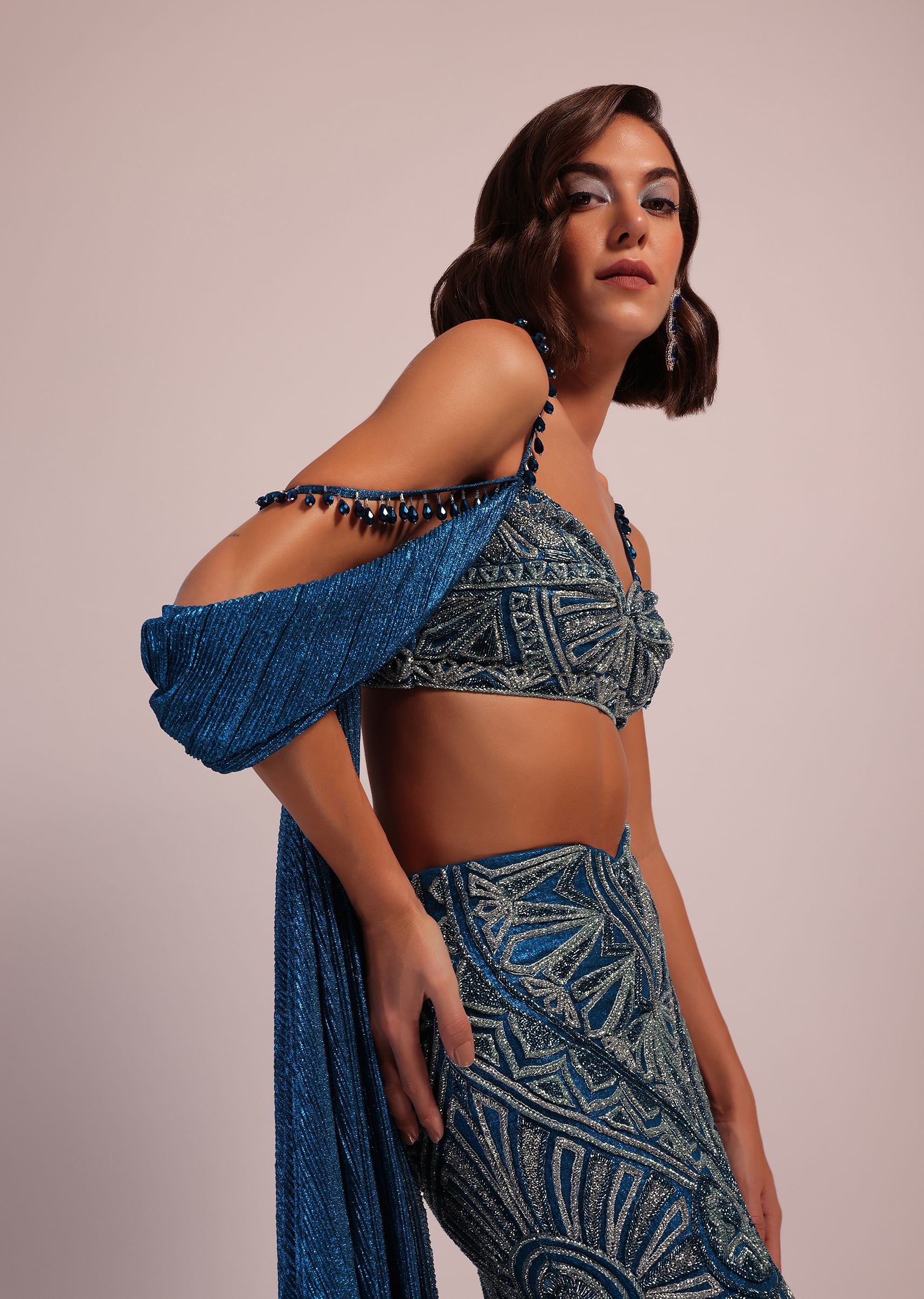 Buy Dark Blue Fish Cut Bridal Lehenga Set In Net With Attached Cape KALKI Fashion India KALKI Fashion India