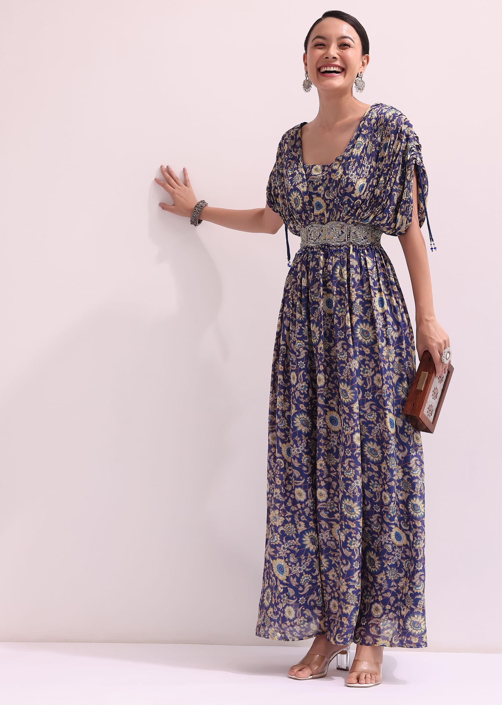 Buy Dark Blue Floral Embroidered Jumpsuit KALKI Fashion India