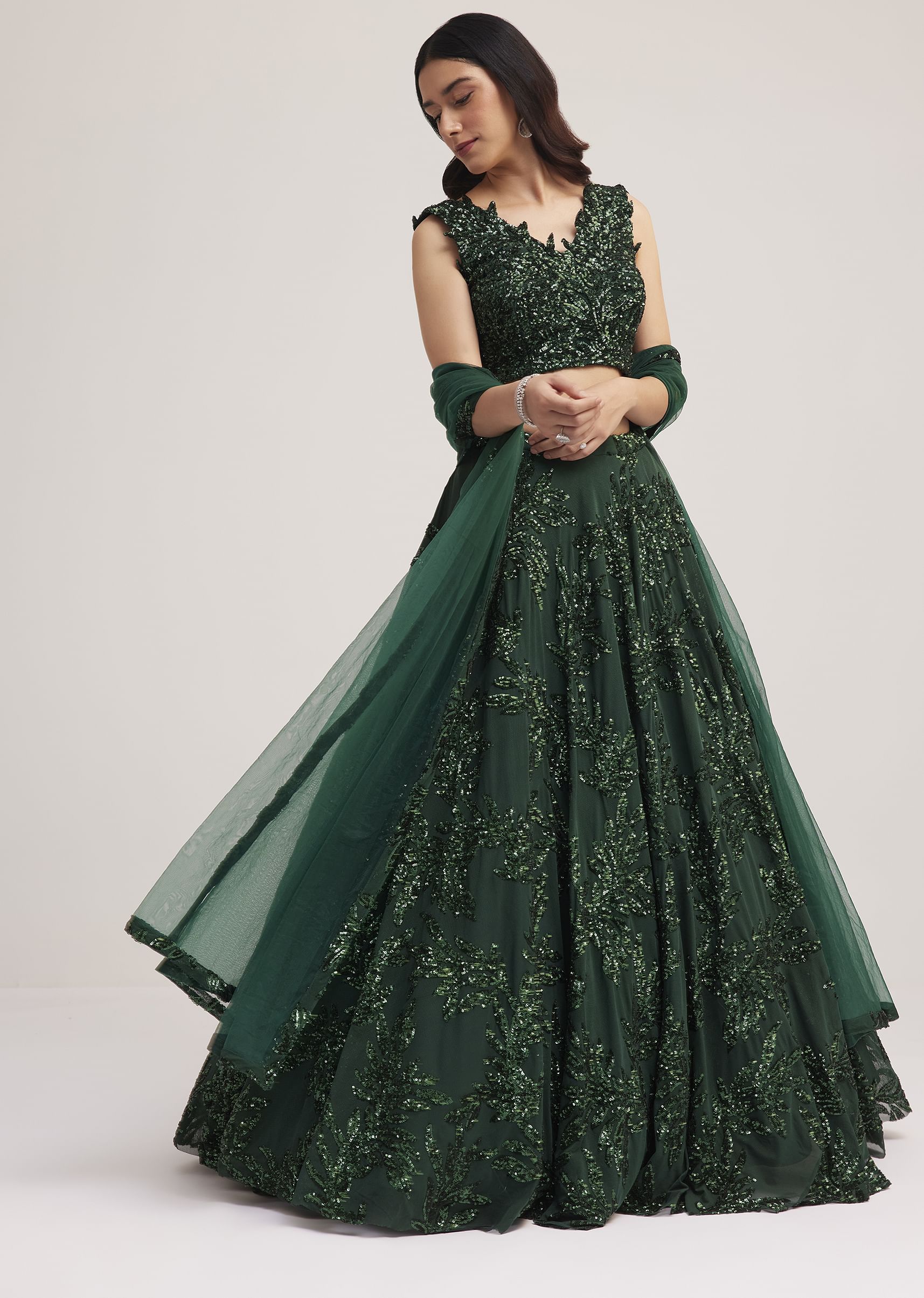 Buy Dark Green Sequin Embellished Lehenga Set | KALKI