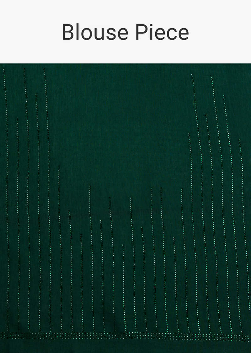 Dark Green Tissue Saree With Thread And Stone Embroidery And Unstitched Blouse