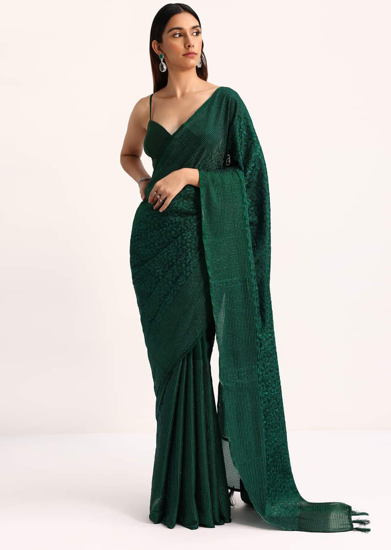 Dark Green Tissue Saree With Thread And Stone Embroidery And Unstitched Blouse