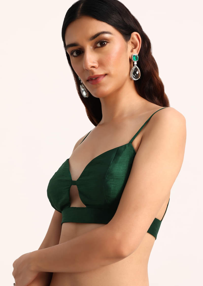 Dark Green Tissue Saree With Thread And Stone Embroidery And Unstitched Blouse