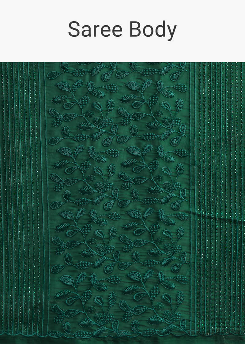 Dark Green Tissue Saree With Thread And Stone Embroidery And Unstitched Blouse