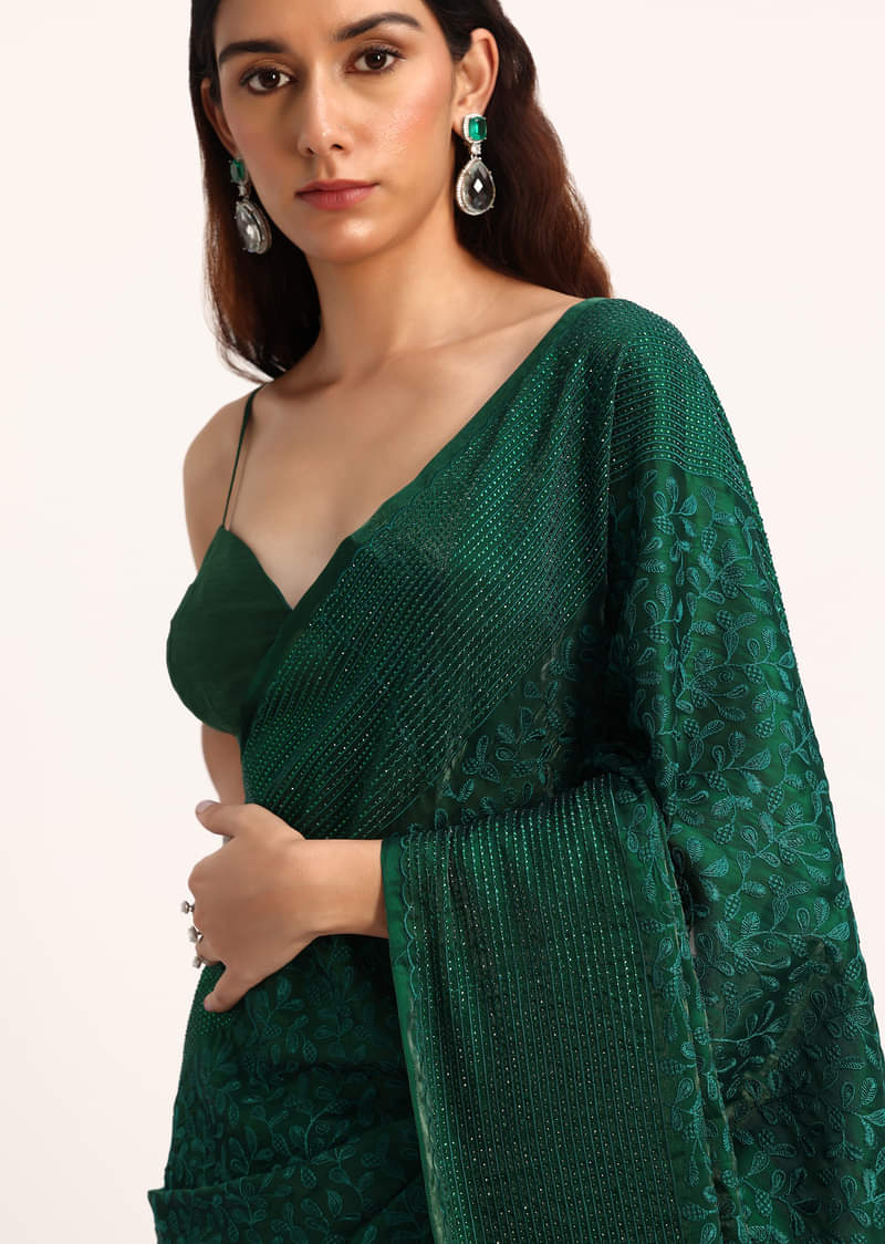 Dark Green Tissue Saree With Thread And Stone Embroidery And Unstitched Blouse