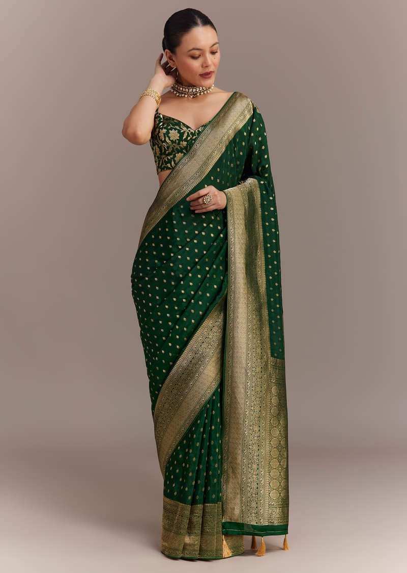 Dark Green Tissue Silk Saree With Zari Border Butti And Pallu