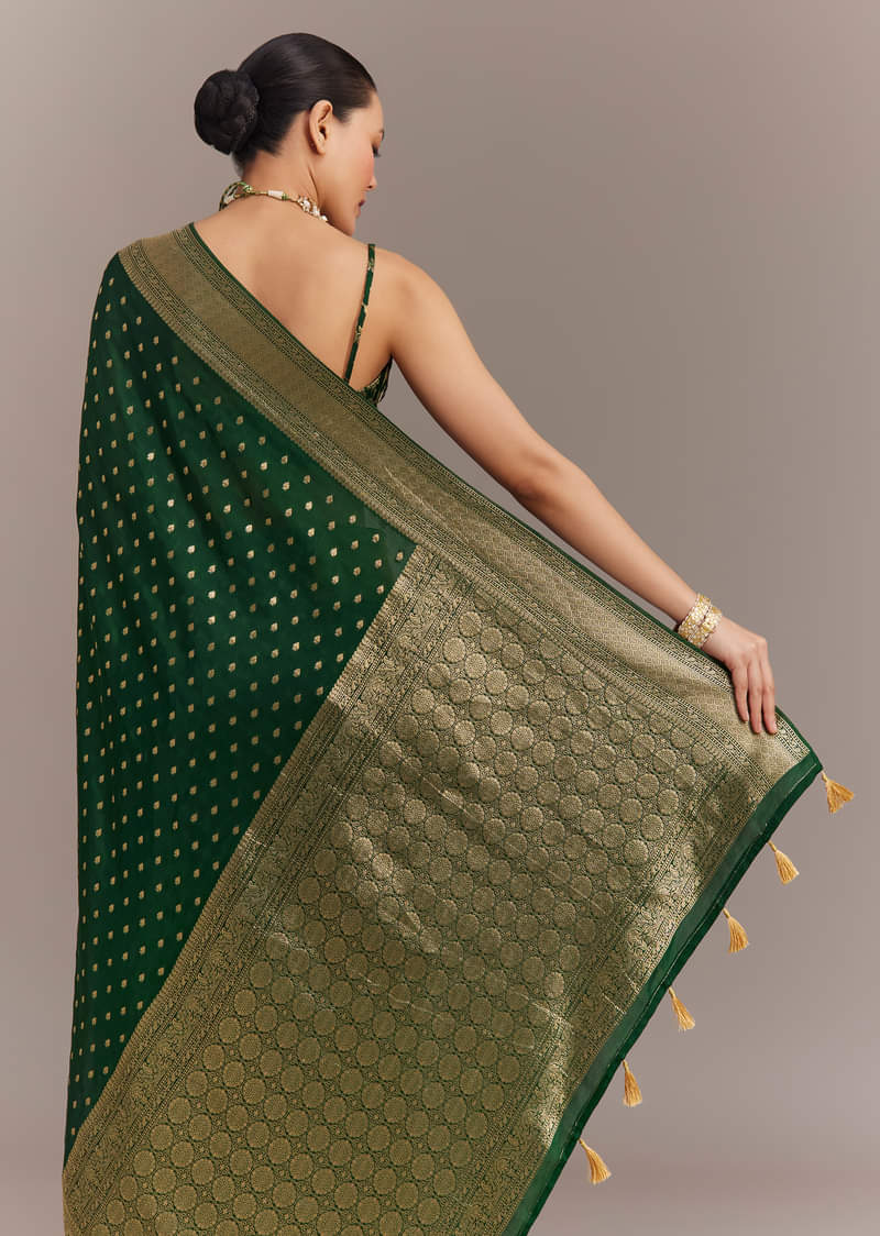 Dark Green Tissue Silk Saree With Zari Border Butti And Pallu
