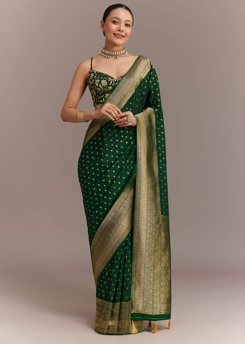 Dark Green Tissue Silk Saree With Zari Border Butti And Pallu