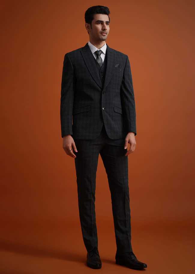 Dark Grey Tuxedo And Pant Set With Checkered Detail