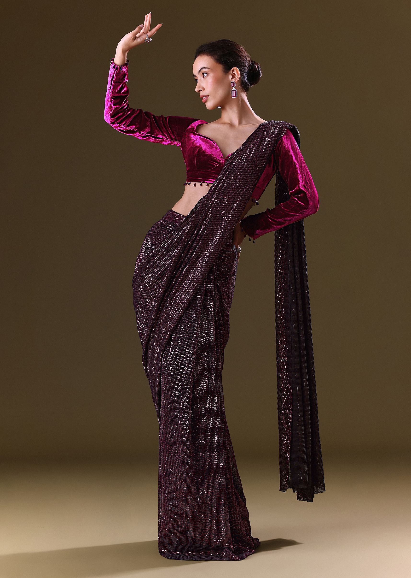Purple Berry Pre Stitched Sequin Saree With Sweetheart Neck Blouse