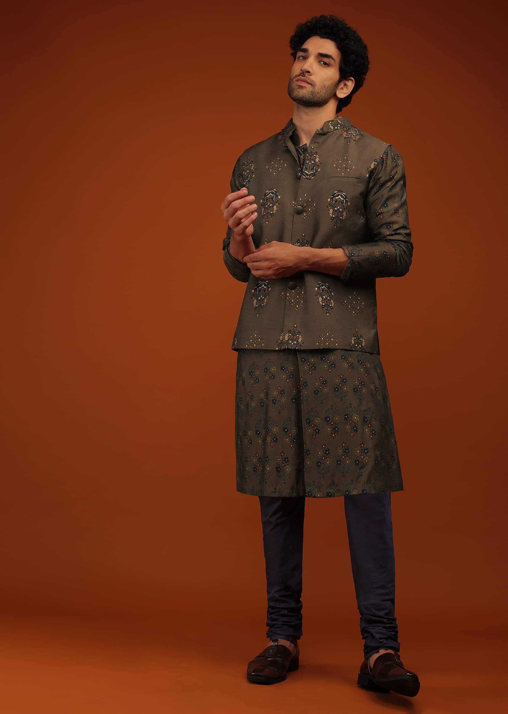 Buy Dark Olive Nehru Jacket And Kurta Set Floral Motifs Print A Matching Print Kurta In Full Sleeves