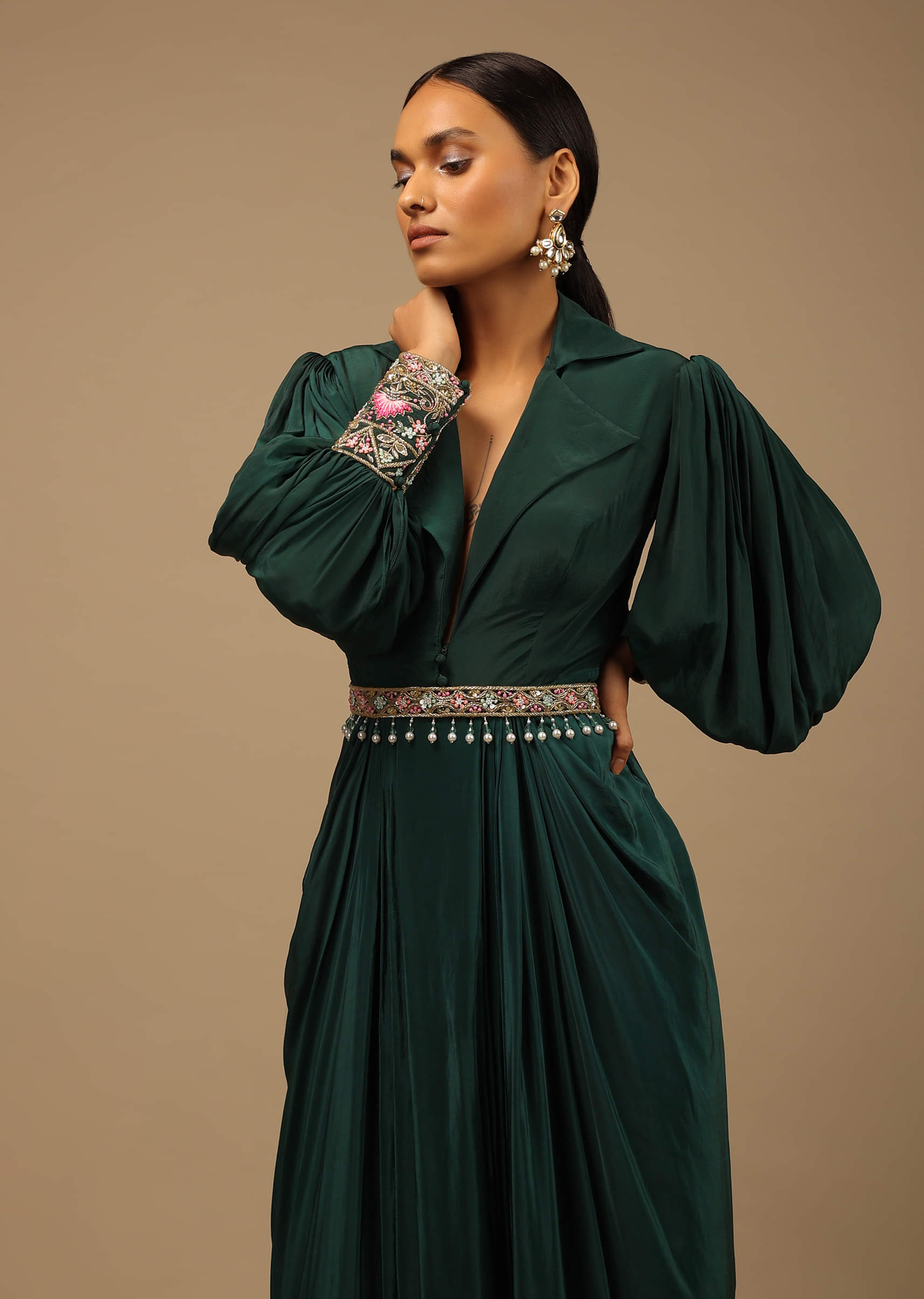 Buy Dark Pine Green High Low Gown With Collar Neckline Bishop Sleeves And Multicolor Handwork On The Cuffs KALKI Fashion India