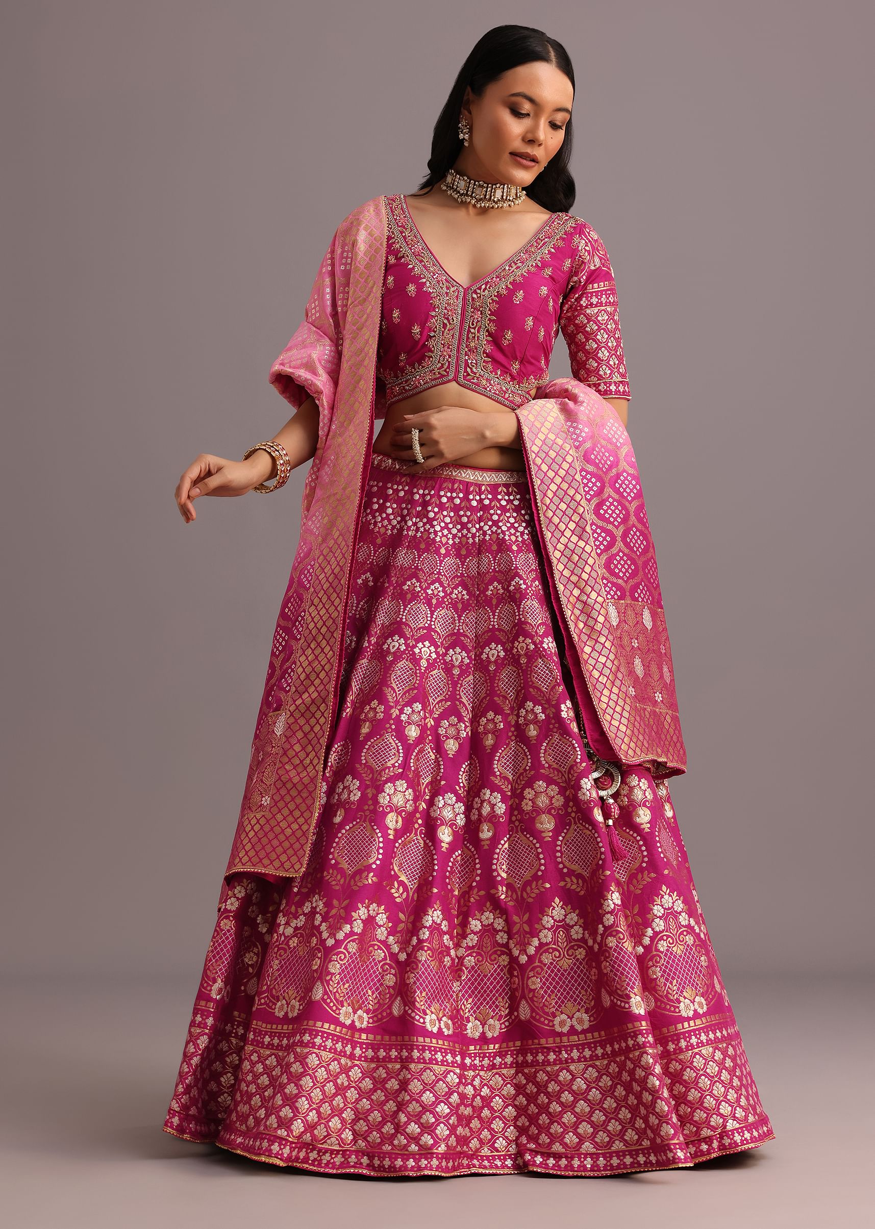 Buy Dark Pink Embroidered Choli With Banarasi Weave Lehenga And Dupatta |  KALKI Fashion India