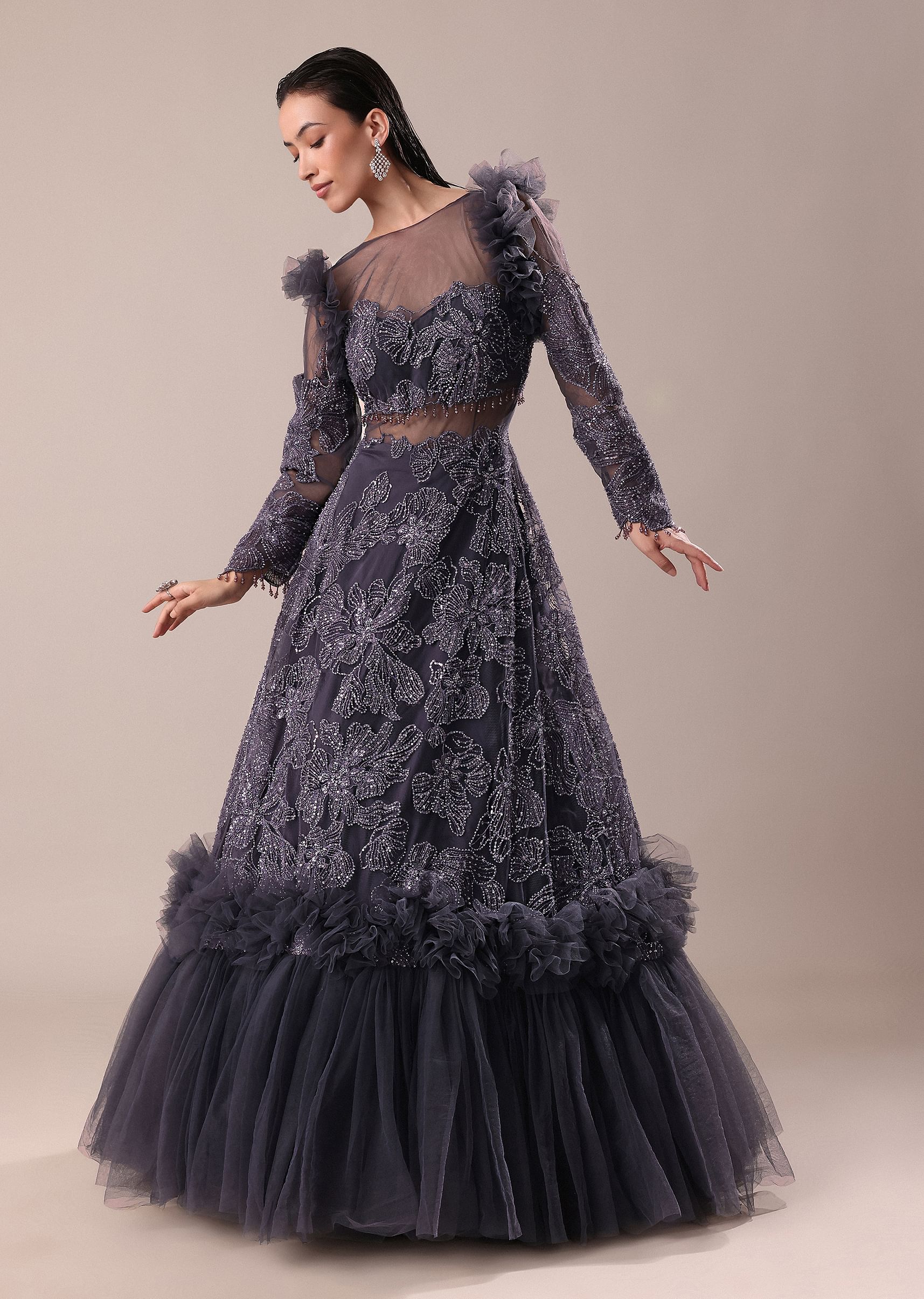Buy Dark Purple Embroidered Fancy Ruffle Gown