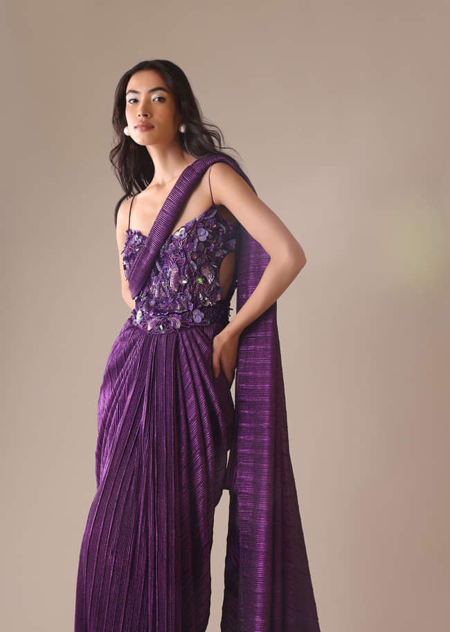 Dark Purple Heavy Embroidered Saree In Crushed Shimmer