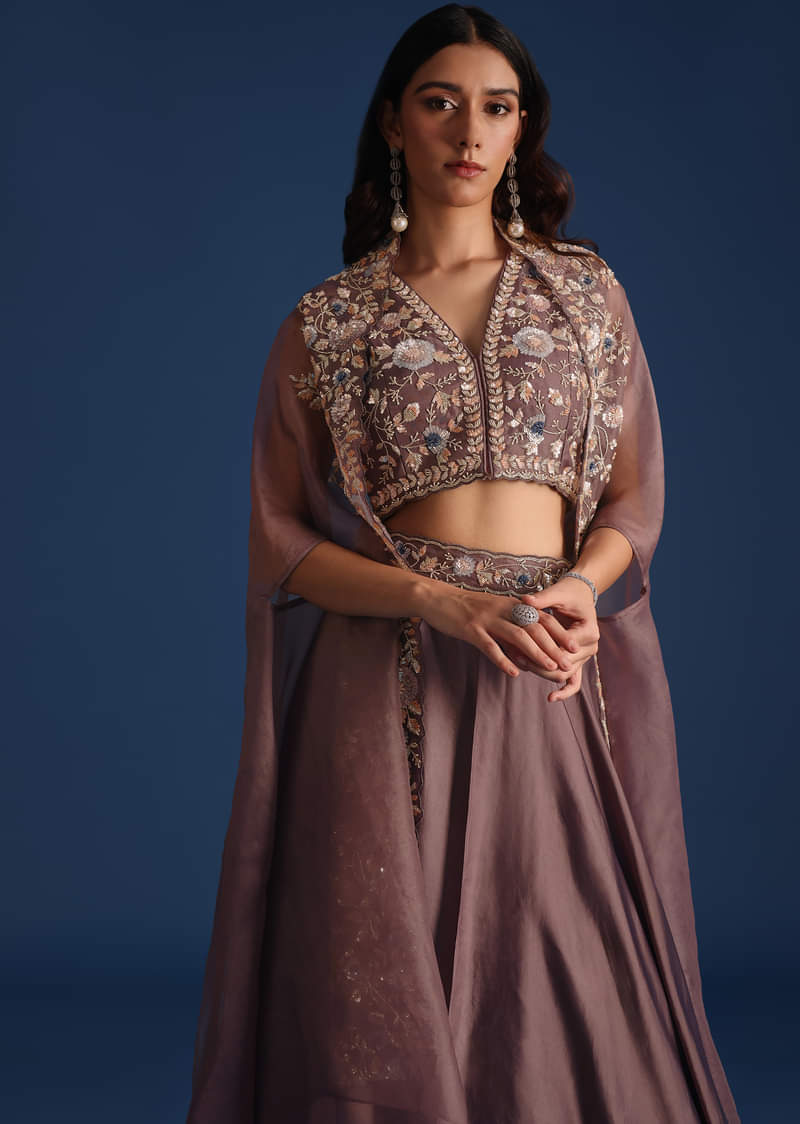 Buy Dark Purple Jacket With Sequin Crop Top And Skirt