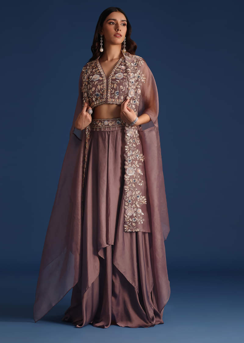 Buy Dark Purple Jacket With Sequin Crop Top And Skirt