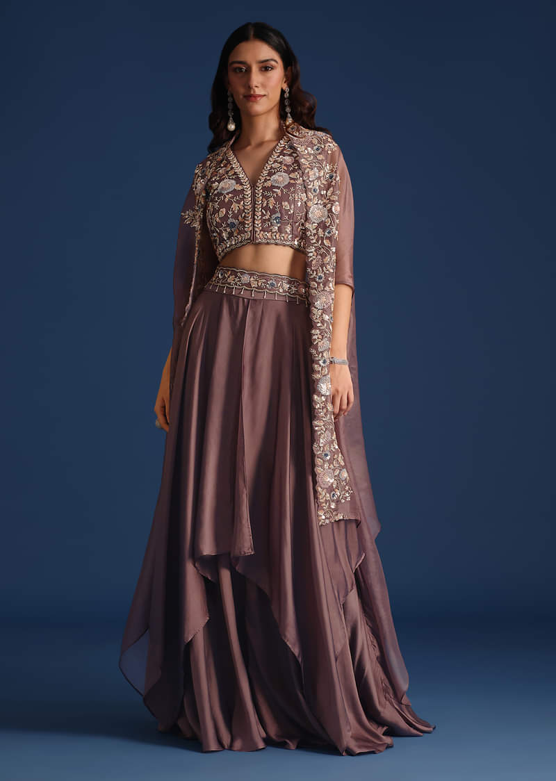 Buy Dark Purple Jacket With Sequin Crop Top And Skirt