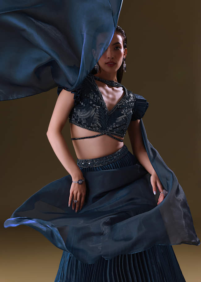Deep Navy Blue Double Layered Lehenga With Choker Dupatta