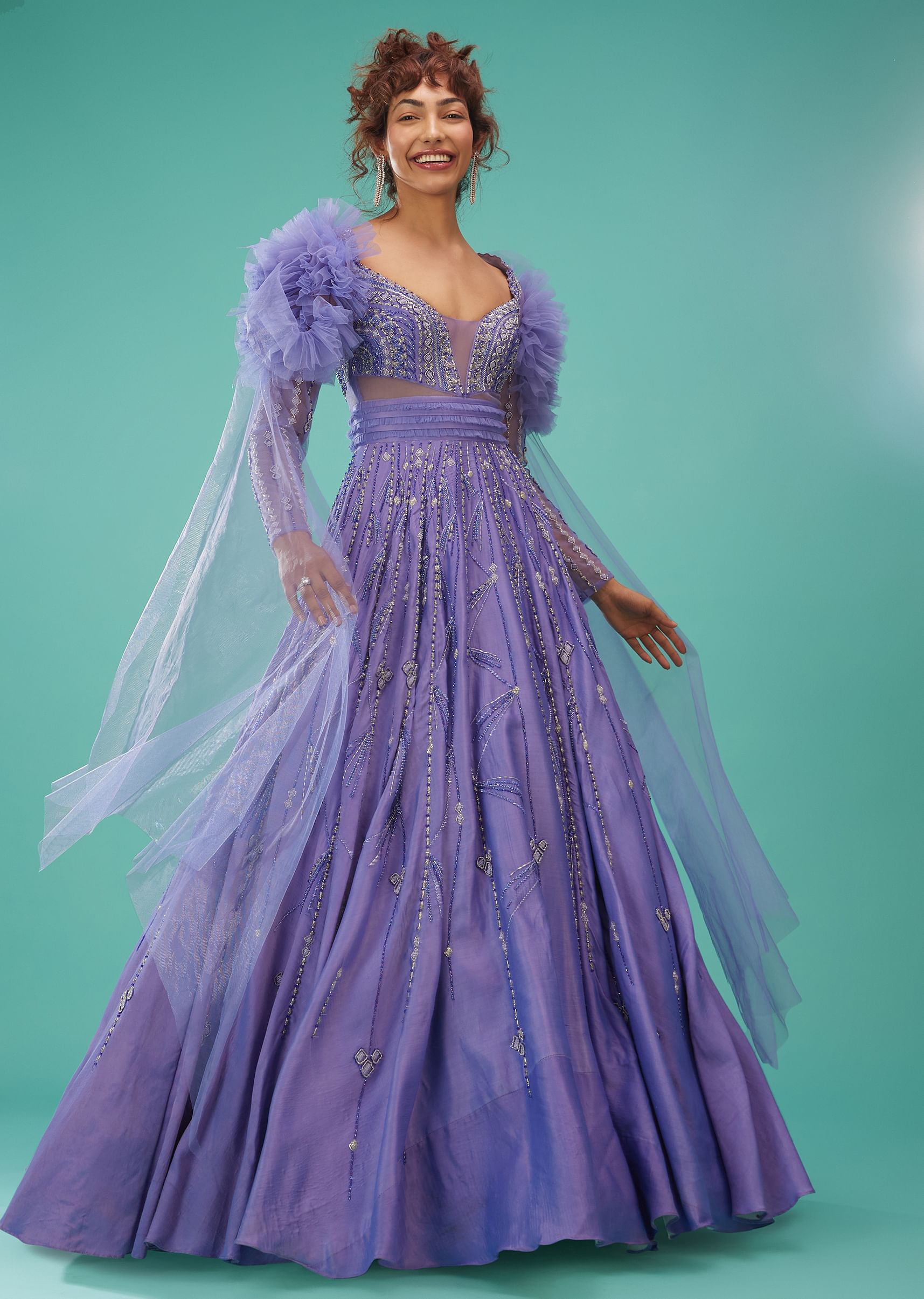 Buy Mauve Purple Ball Gown With Ruffle Frills And Embroidery