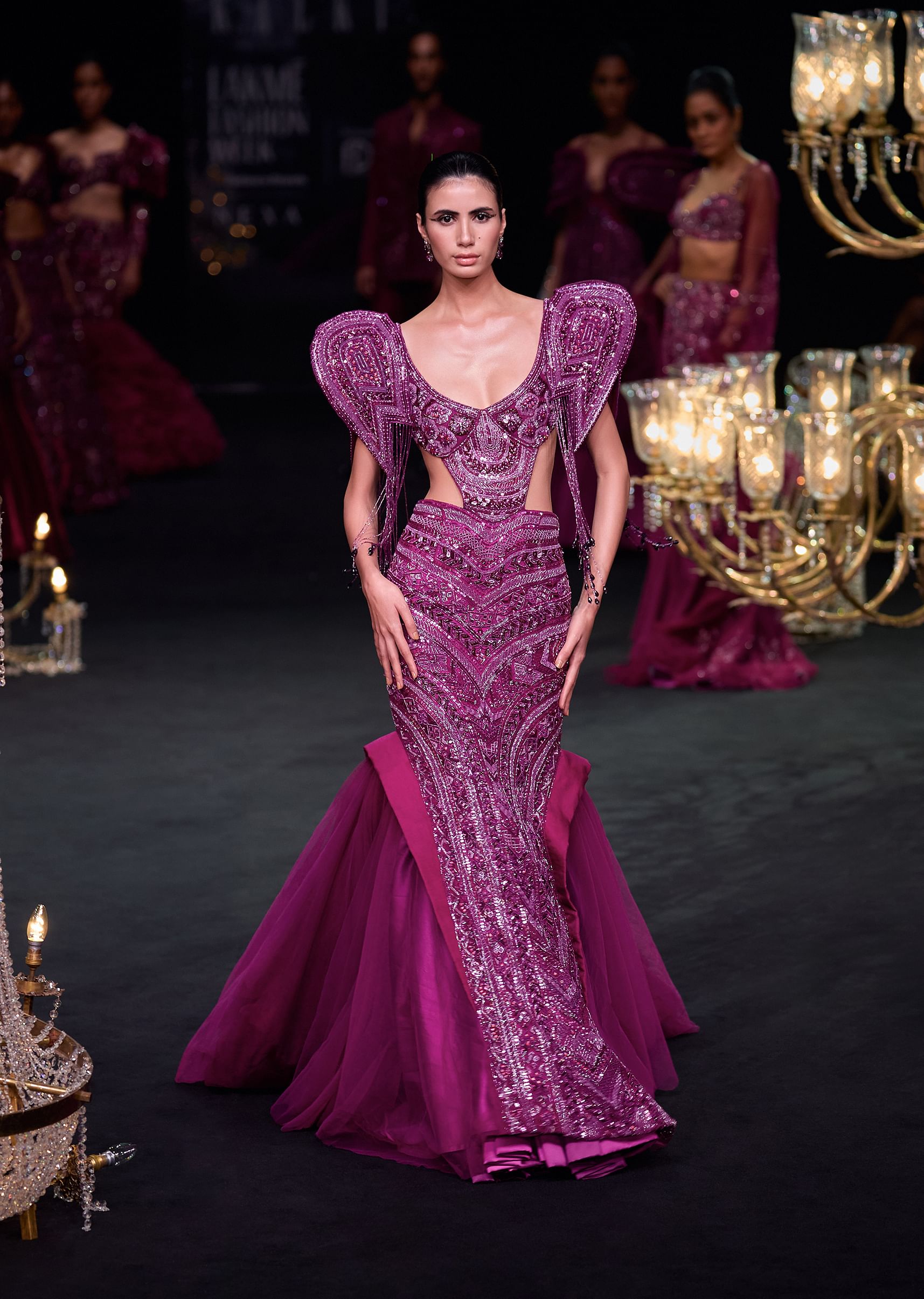 Buy Deep Purple Organza Fishcut Gown With 3D Tassel Sleeves KALKI Fashion Global