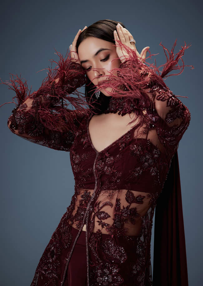 Deep Red Satin Dual Layer Gathered Sharara With Feather Sleeves Jacket And Bustier