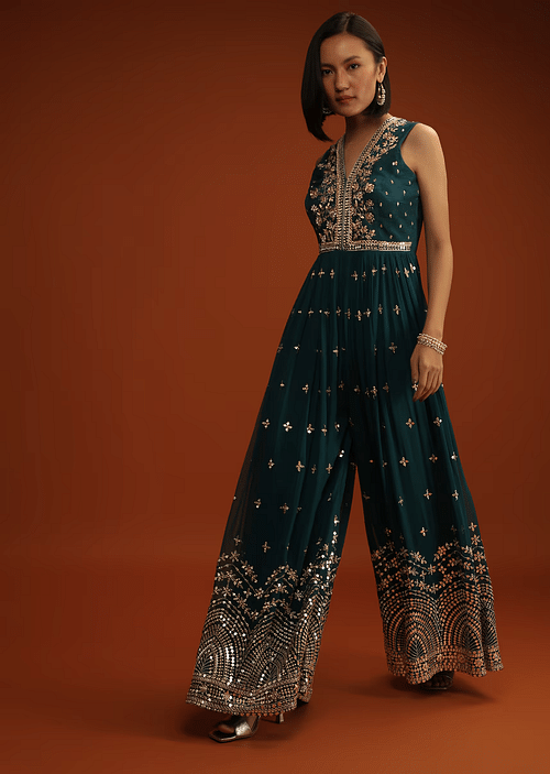 Buy Deep Teal Blue Georgette Sleeveless Jumpsuit with embroidery KALKI Fashion Global