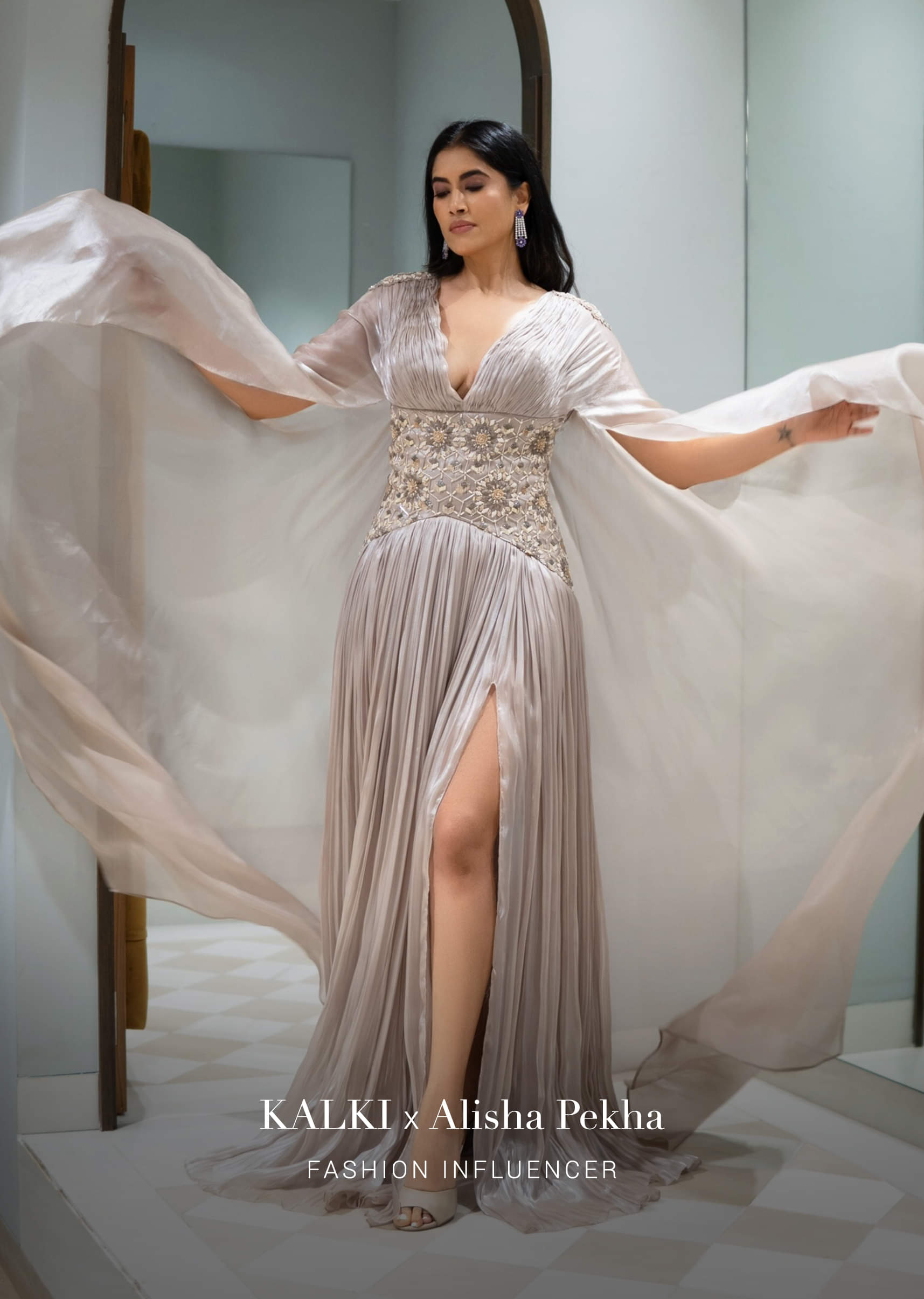 Buy Doe Organza Gown With A Long Extended Cape Sleeves And A Buy Doe Organza Gown With A Long Extended Cape Sleeves And A