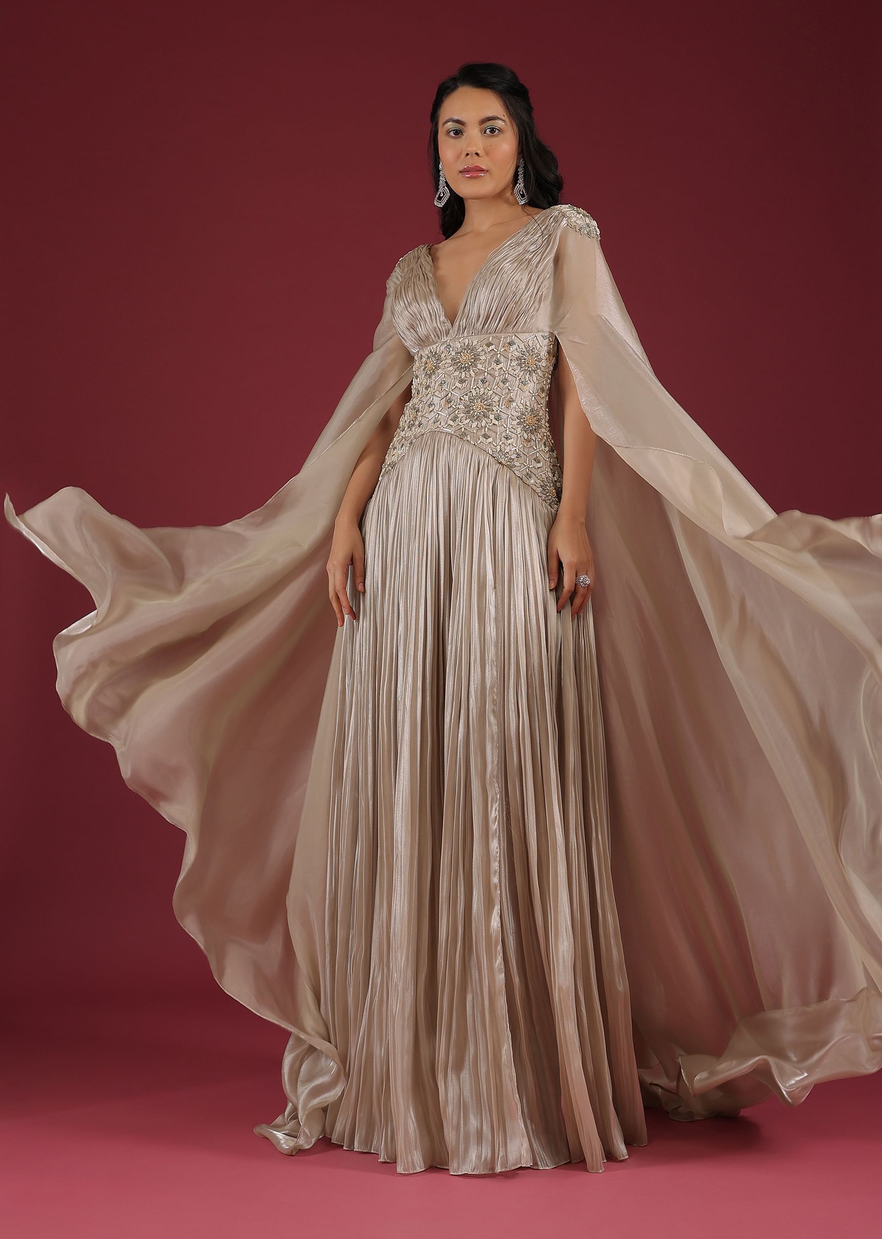 Buy Doe Organza Gown With A Long Extended Cape Sleeves And A Plunging V Neckline