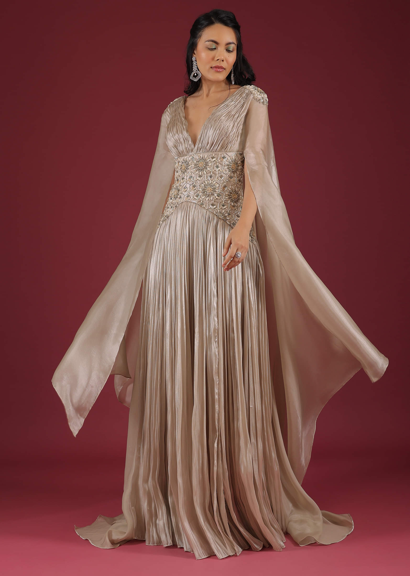 Buy Doe Organza Gown With A Long Extended Cape Sleeves And A