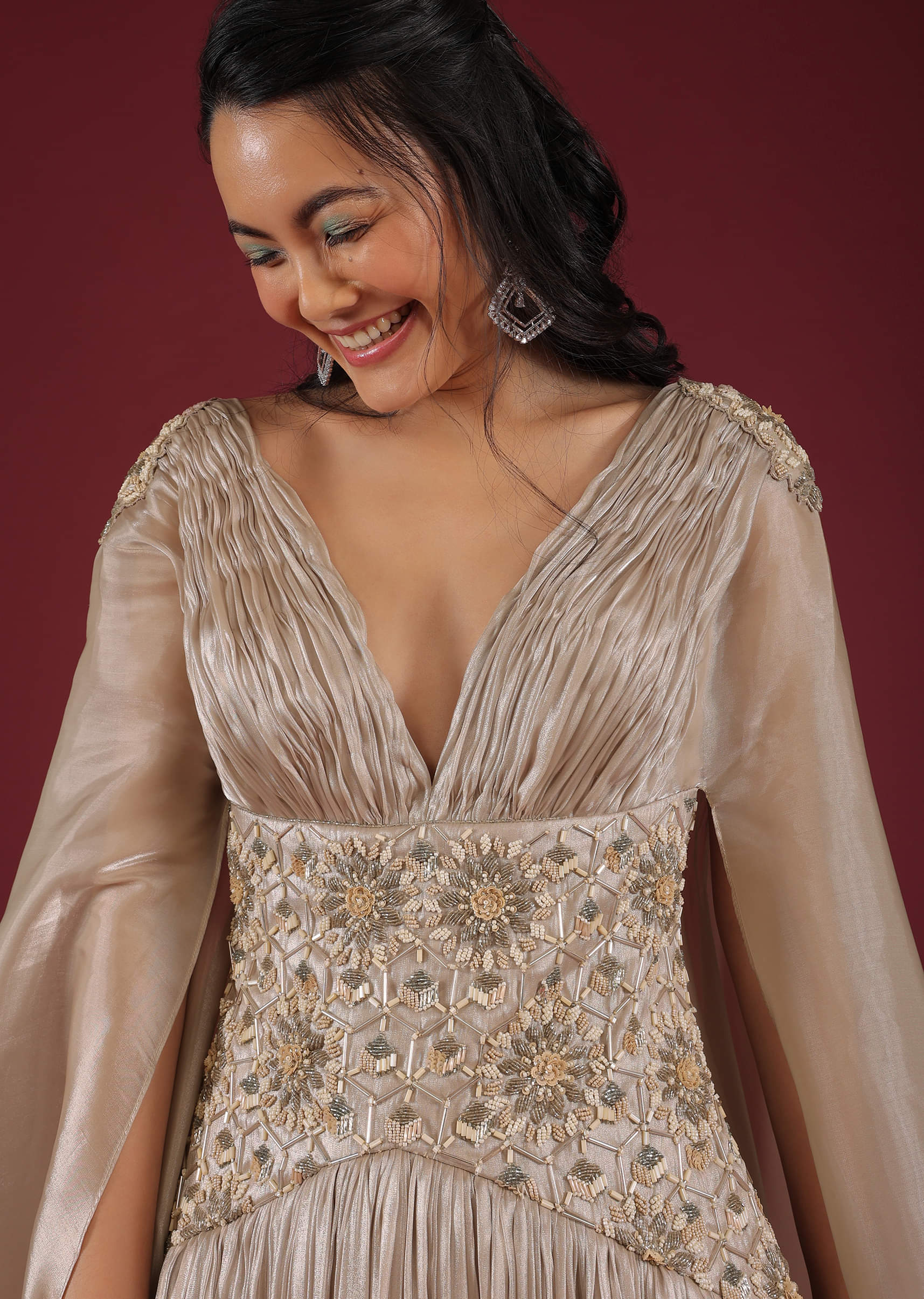 Buy Doe Organza Gown With A Long Extended Cape Sleeves And A