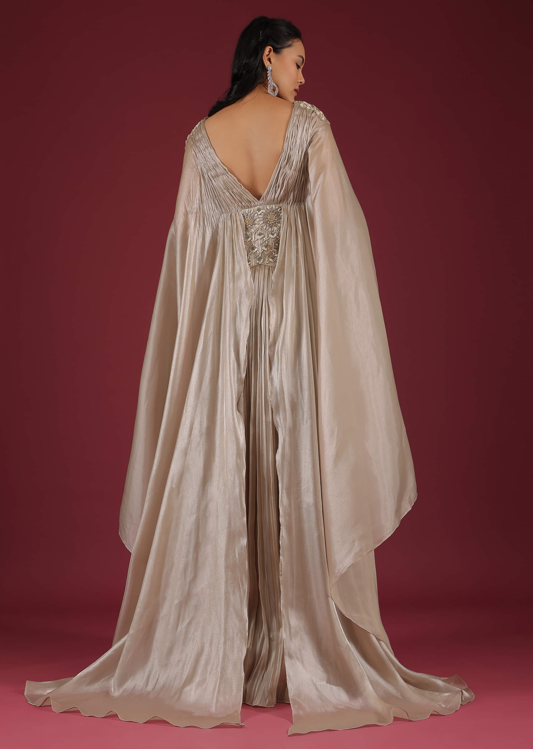 Buy Doe Organza Gown With A Long Extended Cape Sleeves And A Buy Doe Organza Gown With A Long Extended Cape Sleeves And A